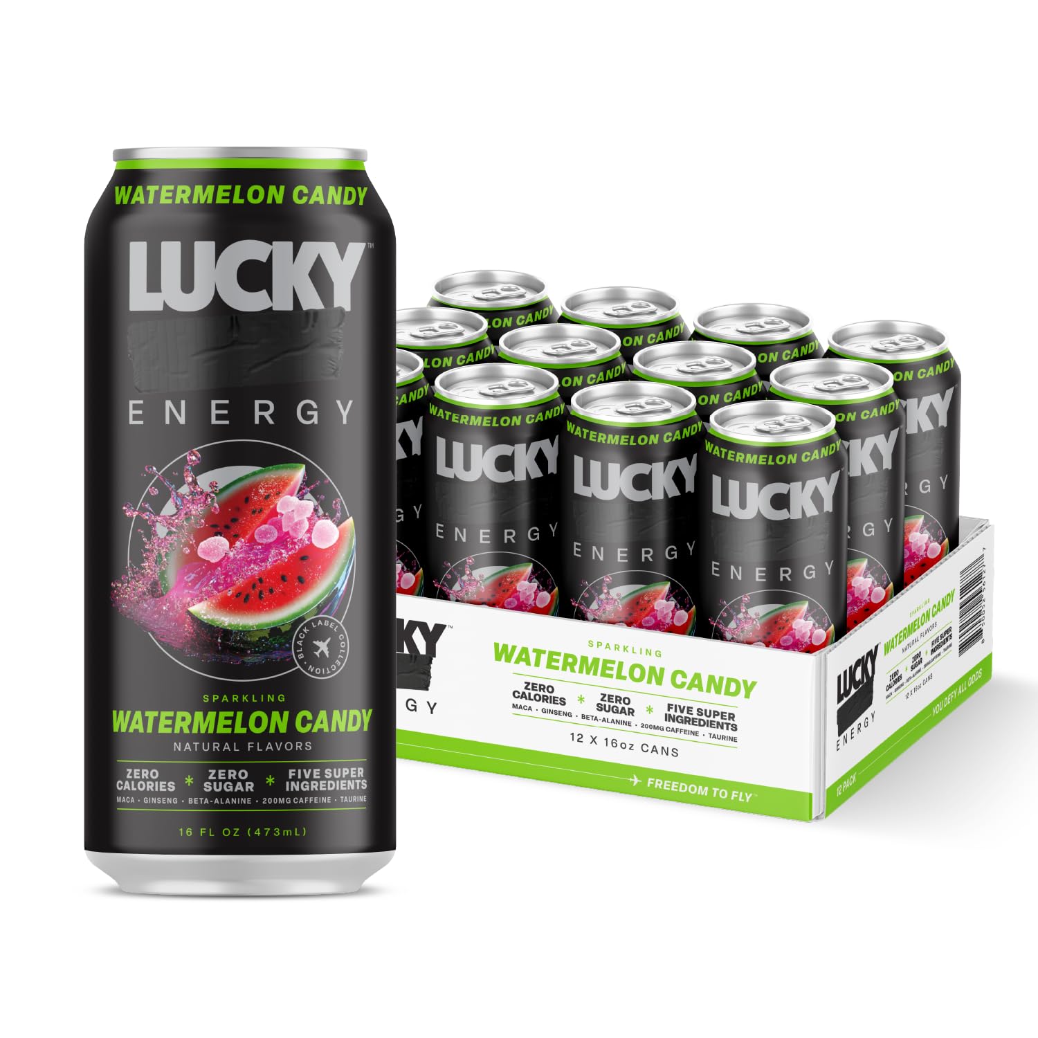 Lucky Energy Sugar Free Energy Drinks, 16oz Cans, Watermelon Candy, 12-Pack, Zero Sugar, 200mg Caffeine