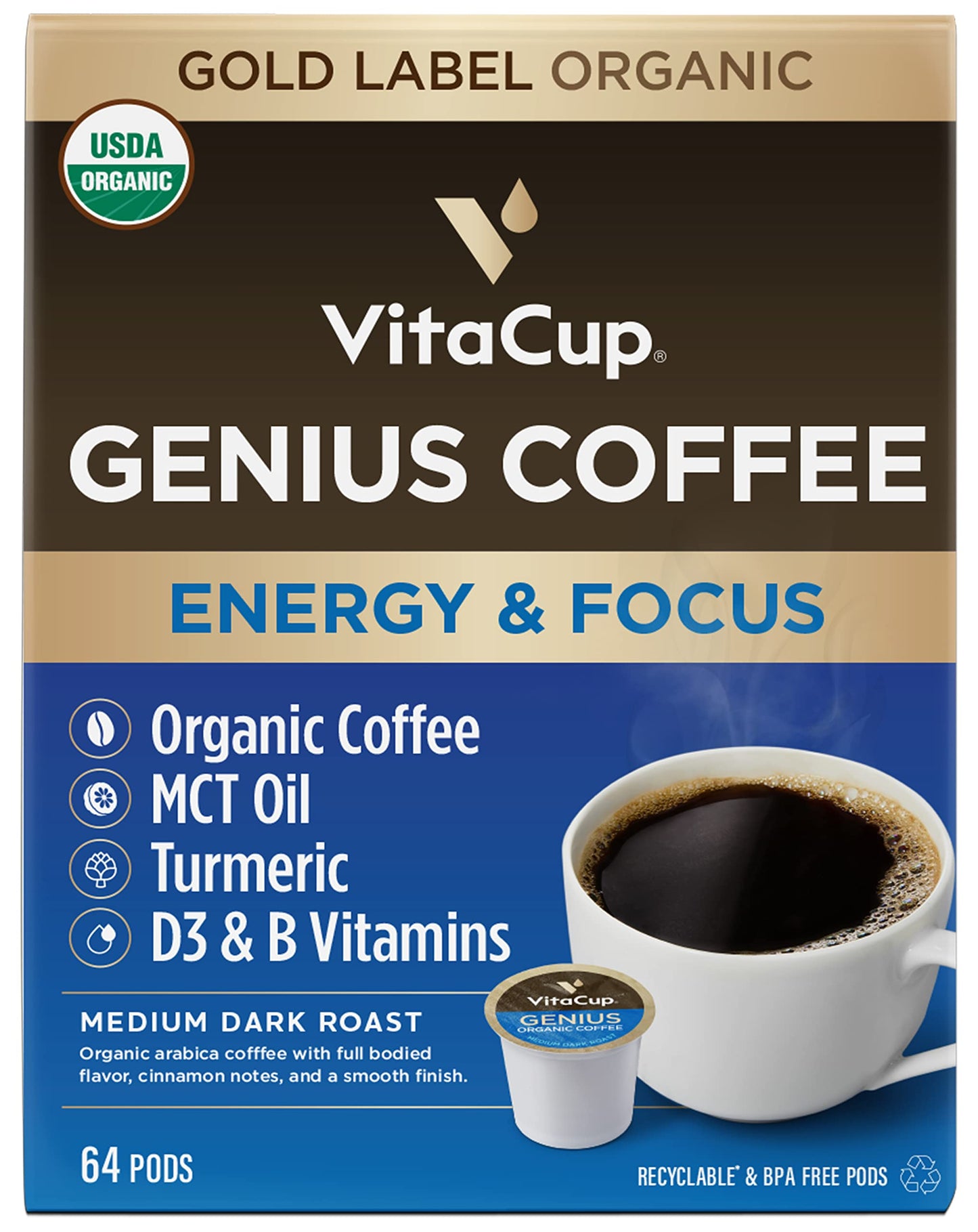 VitaCup Organic Genius Keto Coffee Pods, Increase Energy & Focus w/MCT Oil, Turmeric, B Vitamins, D3, Medium Dark Roast, Bold, Smooth, Single Serve Pod Compatible w/Keurig K-Cup malt-inspired,64 Ct