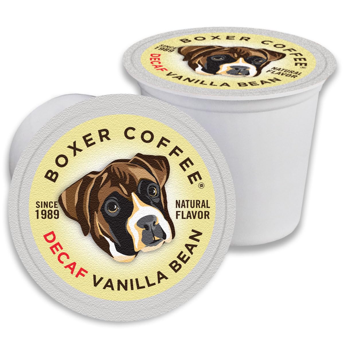 Boxer Coffee 52 Count Decaf Vanilla Bean Swiss Water Process Natural Flavoring Single-Serve Cups Pods Specialty Grade gourmet artisan coffee  Keurig K-Cup 2.0 Compatible