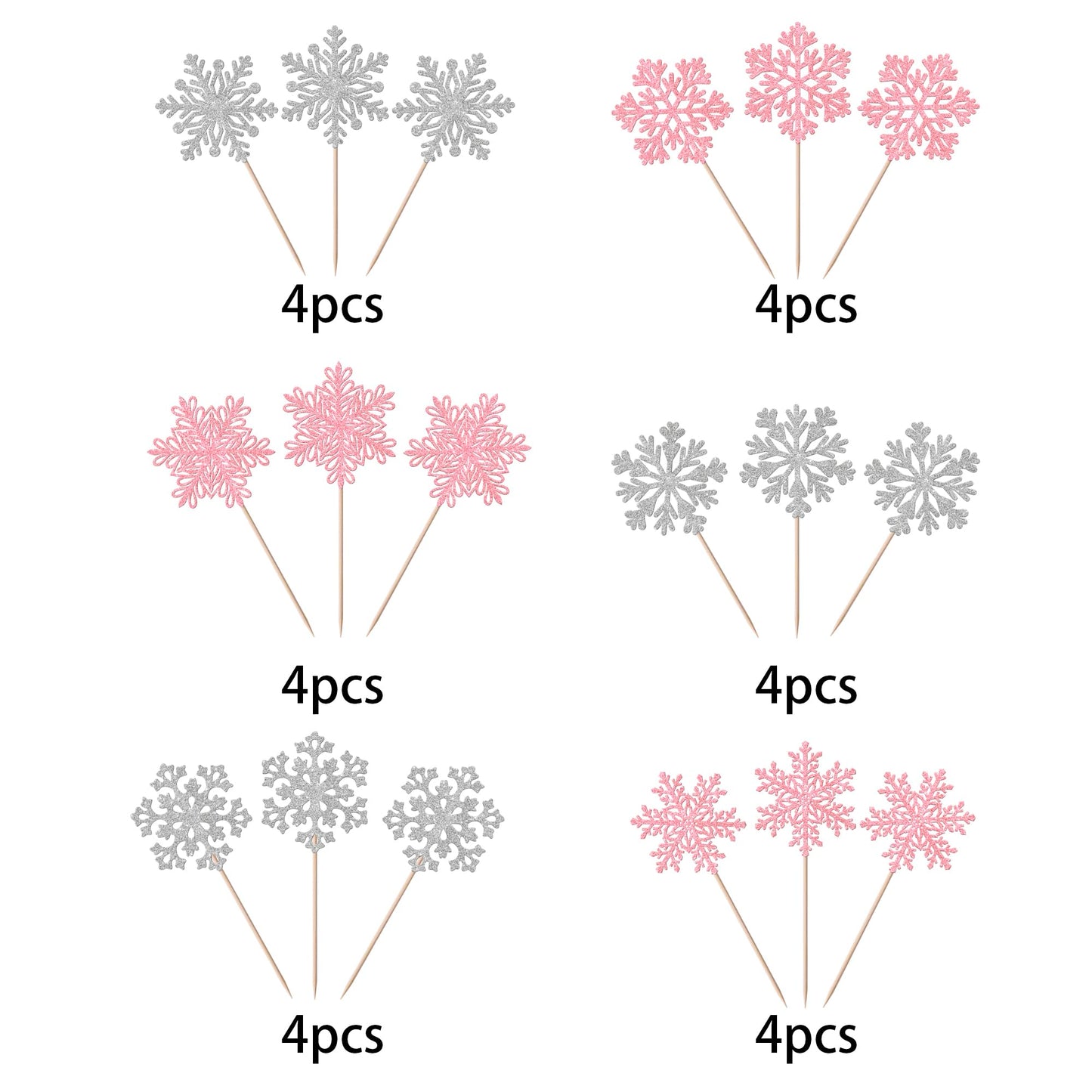 YCTHUNFISH 24 Pack Cupcake Toppers Glitter Snowflake Decorations, Pink & Silver, Paper, Ideal for Winter Parties and Baby Showers