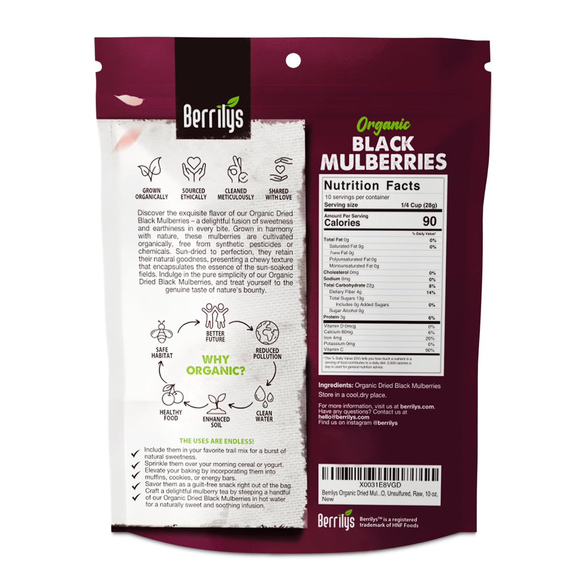Berrilys Organic Dried Mulberries, Non-GMO, Unsulfured, Raw, 10 oz, Vegan Snack