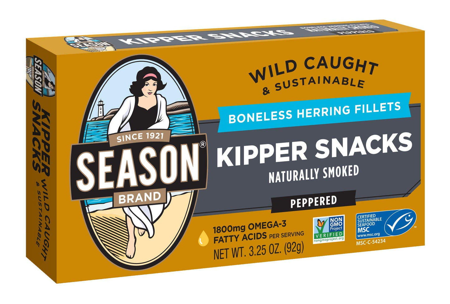 Season Peppered Kipper Snacks - Boneless Herring Fillets  Naturally Rich Flavor Fish  Wild Caught  Keto Snacks  Certified Sustainable Seafood  Non-Gmo  18G Of Protein  1800Mg Of Omega-3-3.25 Oz  12-Pack