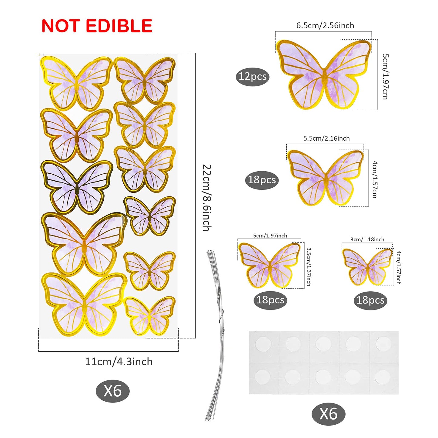 Set Of 66 Pack Purple Gold Cupcake Toppers Mixed Size&Colour 3D Butterfly Cake Picks Decorations With Dot Glue And Support Stick
