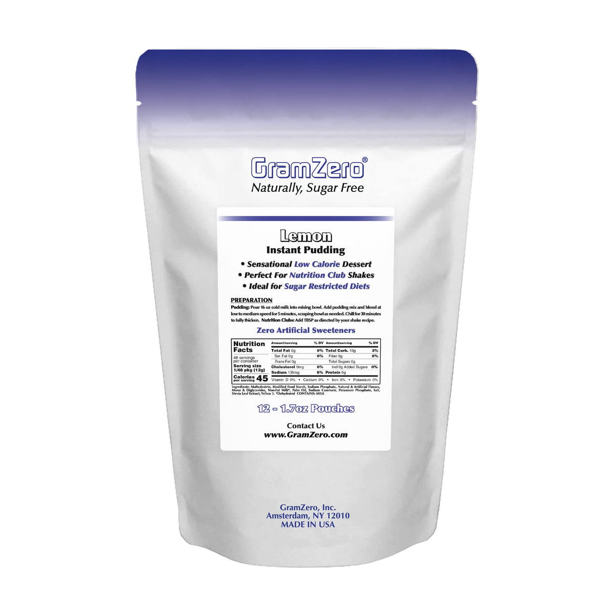Gramzero Lemon Sugar Free Pudding Mix 12-Pack, Great For Nutrition Club Meal Replacement Shakes, Low Calorie Dessert, Stevia Swe