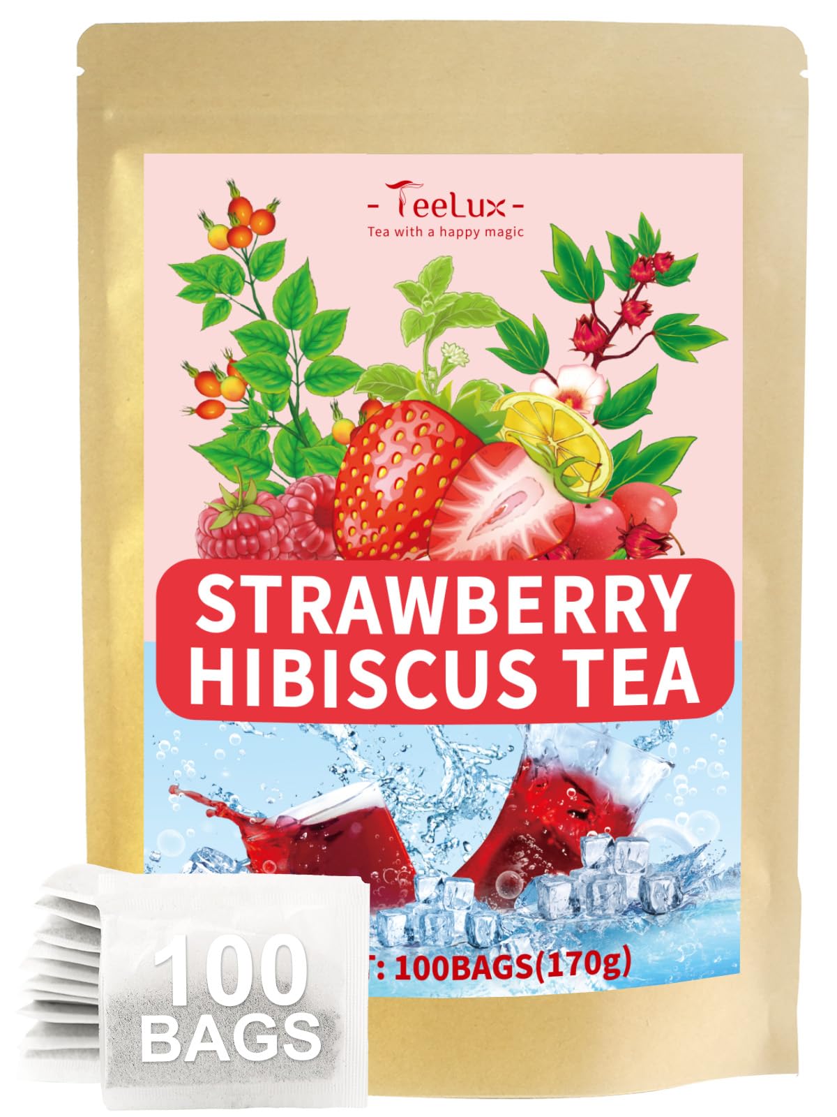 Teelux Strawberry Hibiscus Iced Tea  Natural Hibiscus Tea With Stevia And Rosehip  Tangy & Sweet Flavor  Energy Blend Free  100 Count