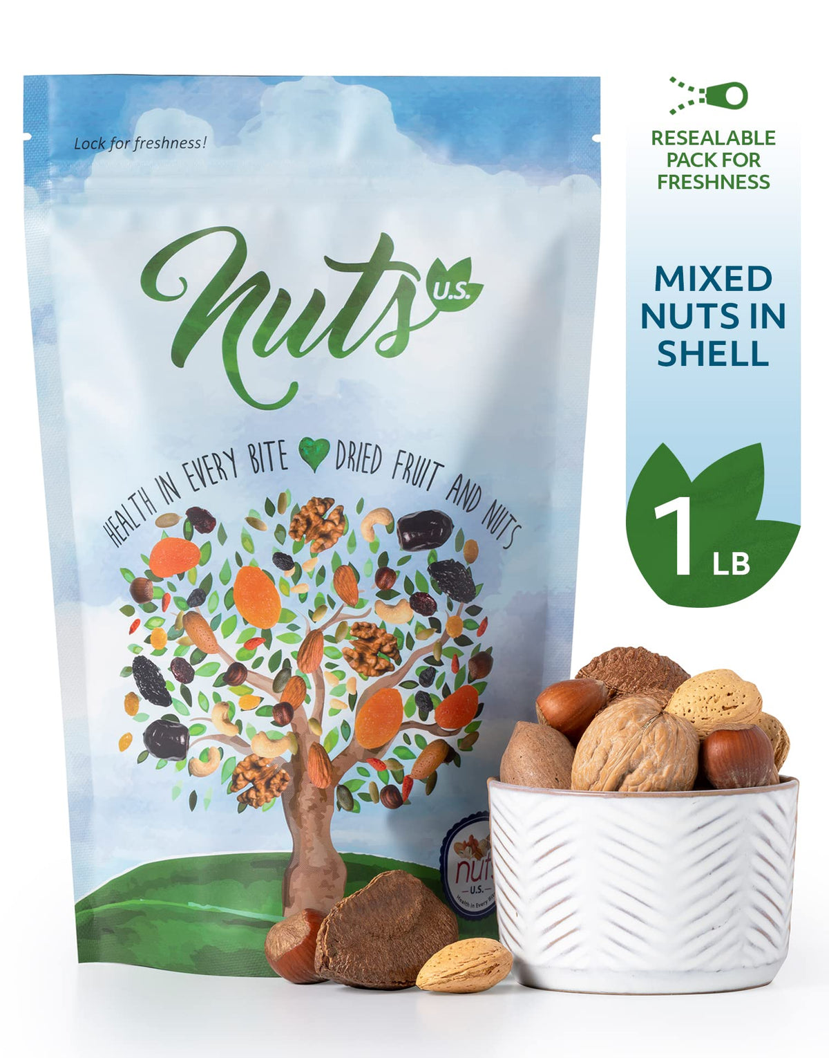 Nuts U.S. – Mixed Nuts In Shell (Almonds, Walnuts, Hazelnuts, Pecans, Brazil Nuts) | No Added Colors And No Artificial Flavors | Fresh Buttery Taste And Raw |Packed In Resealable Bags!!! (1 Lb)