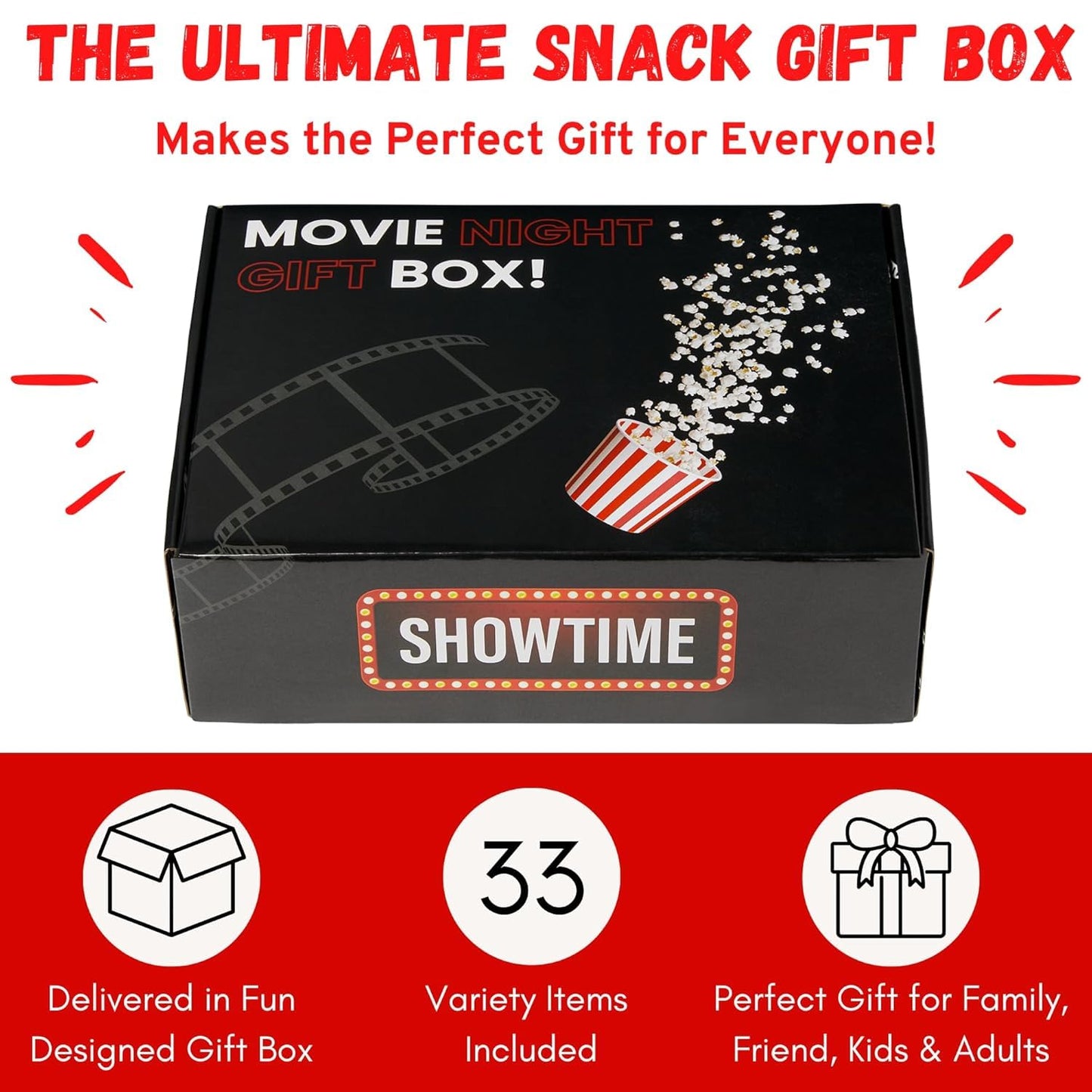Movie Night Basket Gift Set - Popcorn  Candy  Snacks  game-style and more - 33 Items - Movie Night Gift Box  Gift Basket for Date Night  Family Night  Birthday  College Students  Teens  Men  Women  Kids  Grandpa  Grandma  Friend or Teacher