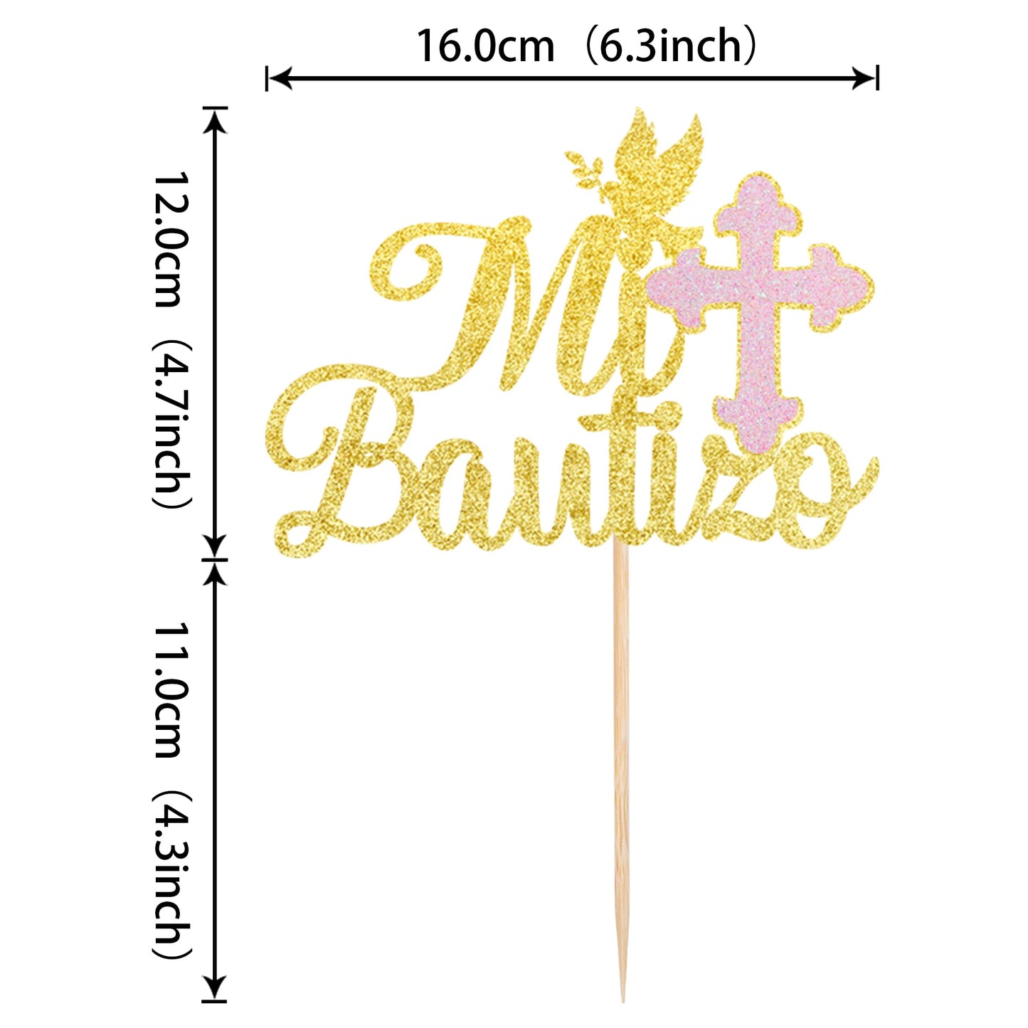 ZHUOWEISM Spanish Mi Bautizo Cake Topper, Glitter Pink Cross, Dove Design, Small, Bamboo, Gold