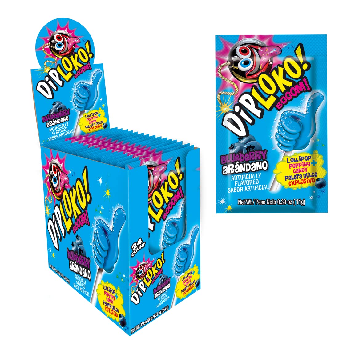 DIPLOKO! Boom Crackling Lollipop | Explosion of Flavor in the Mouth | Popping candy | 0.39 Oz Net Weight per Unit | 24 Count | A