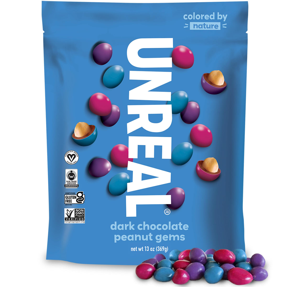 Unreal Dark Chocolate Peanut Gems | Vegan with Colors from Nature | Fair Trade, Non-GMO, Gluten Free Ingredients | No Sugar Alco
