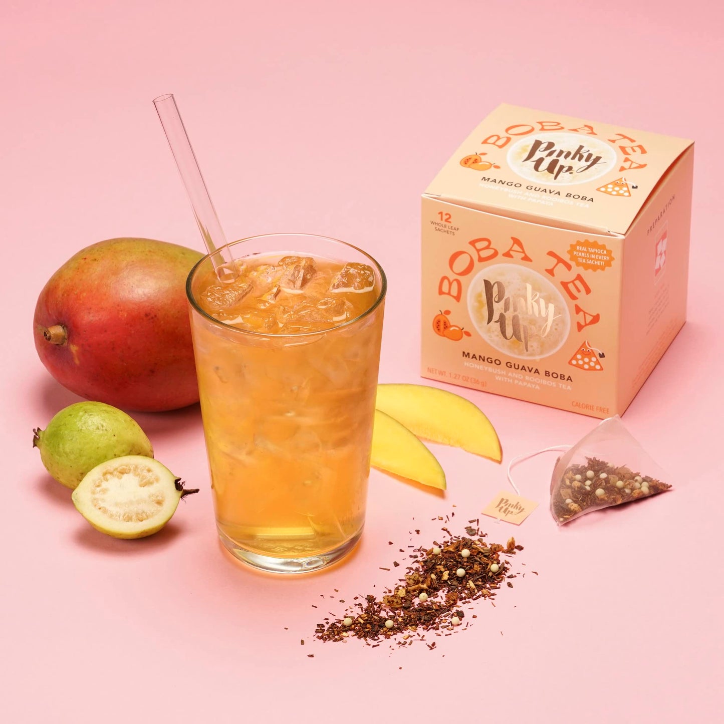 Pinky Up Mango Guava Boba Tea Sachets - Calorie Free Whole Leaf Rooibos Tea Bubble Tea - Boba Gift 12 Biodegradable Tea Bags