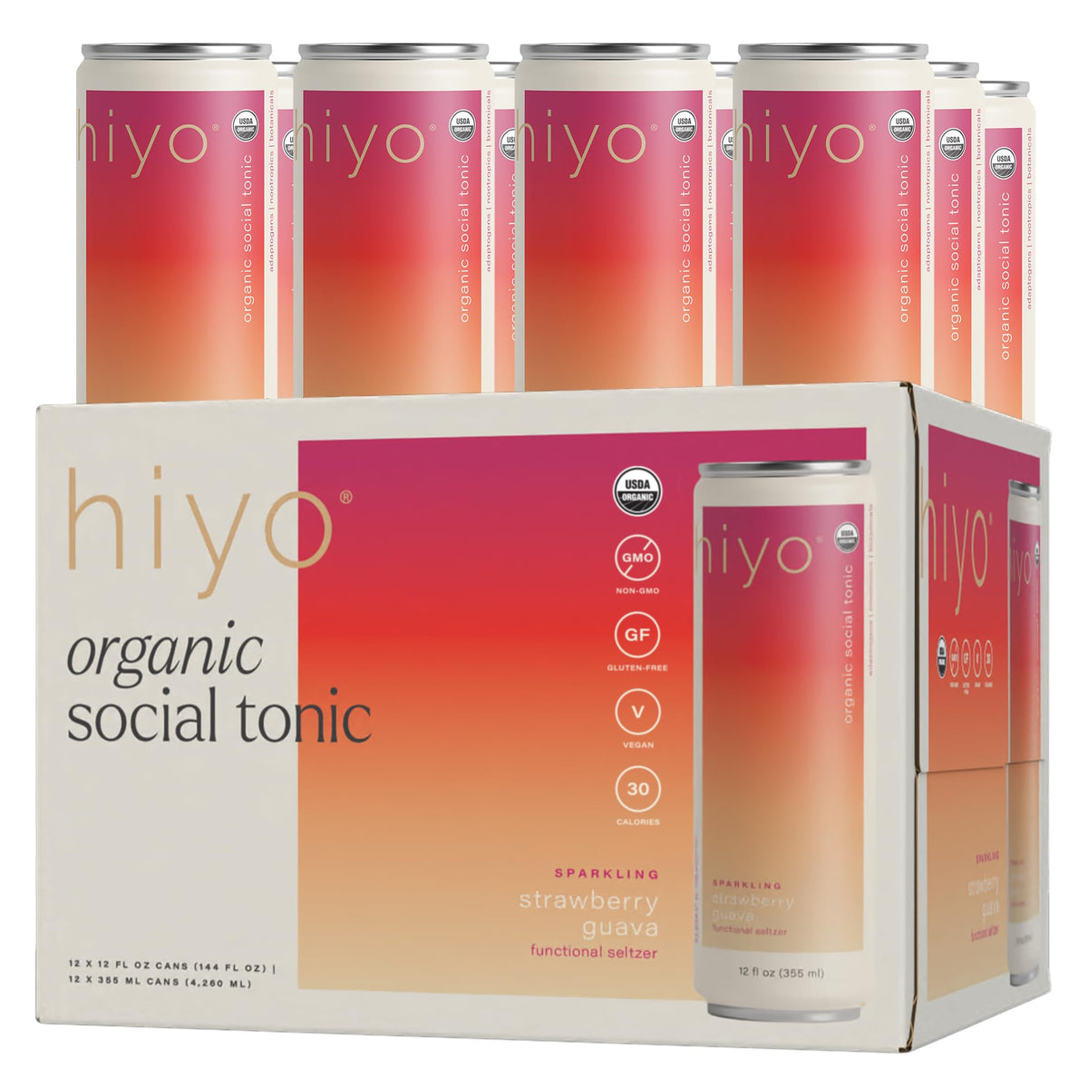 Hiyo Organic Social Tonic - Strawberry Guava, 12 Pack - N.A. Functional Seltzer, Sparkling Water Crafted with Organic Adaptogens