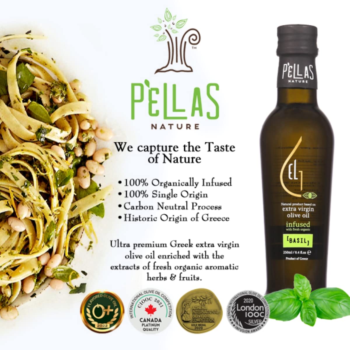 Pellas Nature, Organic Basil Infused Greek Extra Virgin Olive Oil, Finishing Olive Oil, Gold Award Winner, Kosher, 8.5 Oz. (250