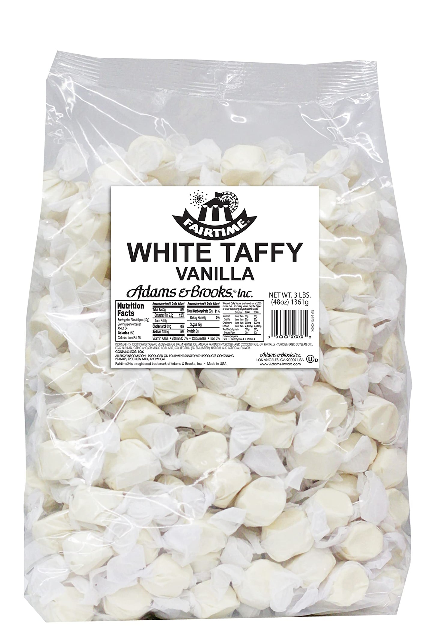 Fairtime Vanilla Taffy Bulk Candy, Individually Wrapped, 3 Pounds, White