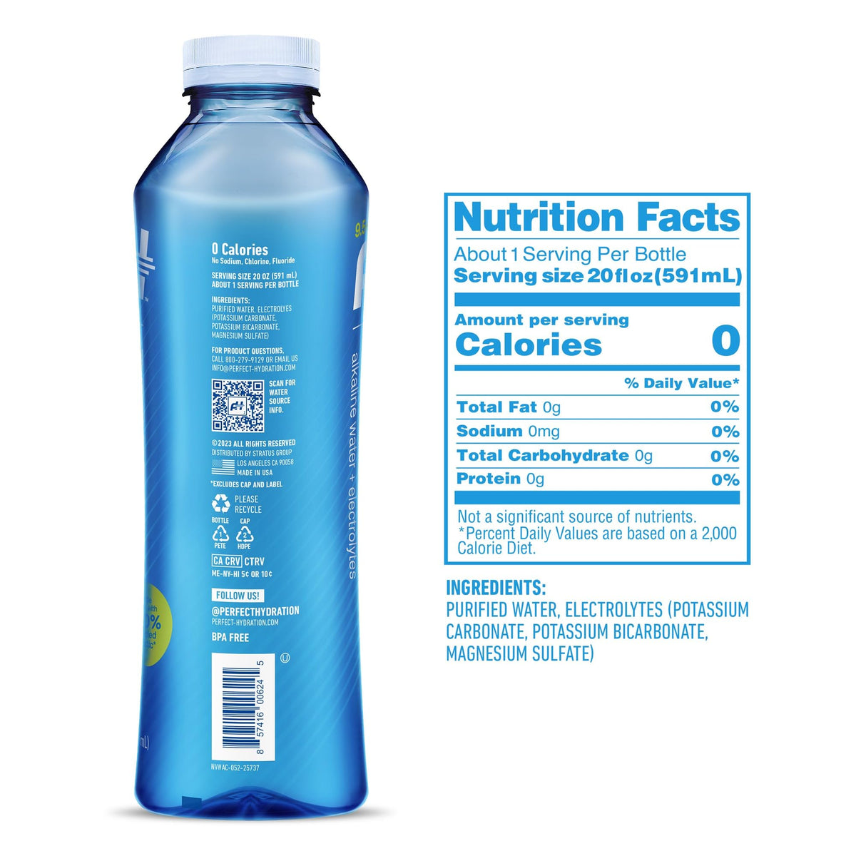 Perfect Hydration 9.5+ pH Alkaline Drinking Water, 20-Ounce Bottle, Case of 24