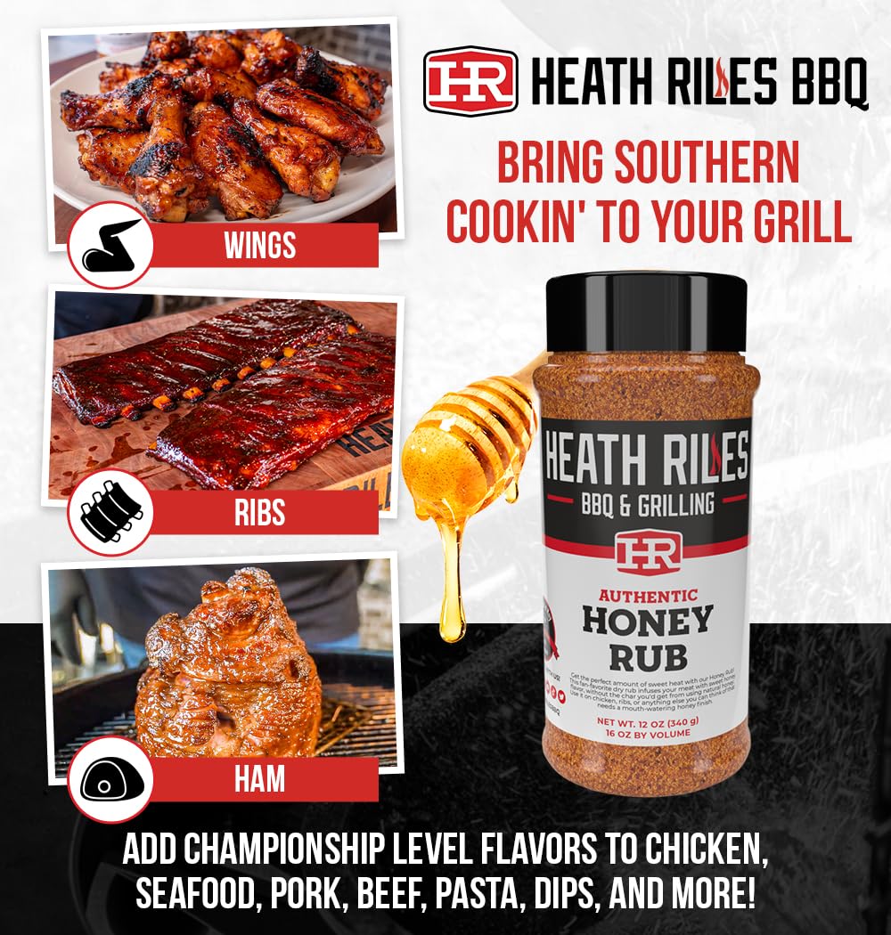Heath Riles BBQ Rub - Honey Seasoning, Champion Recipe, 12 oz.