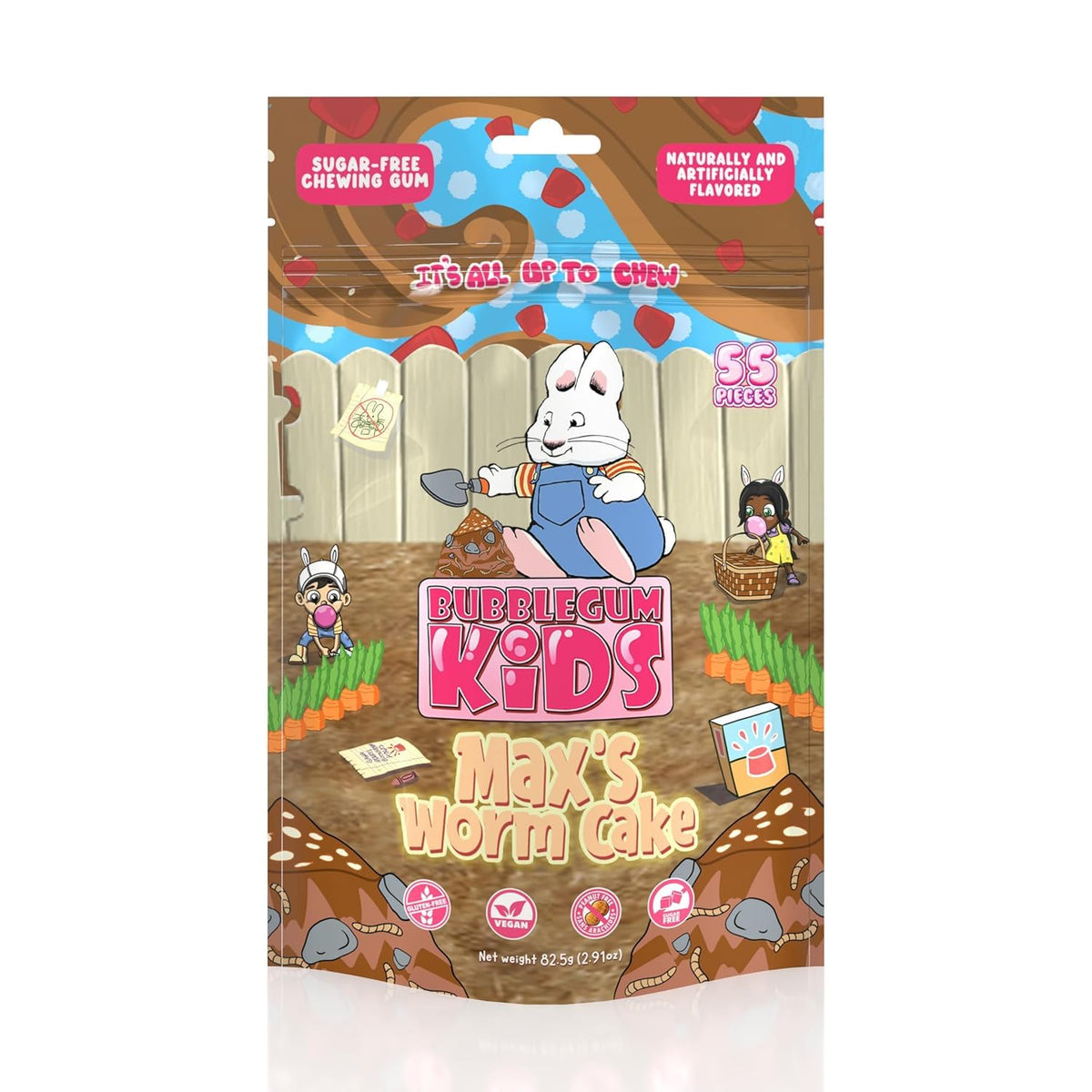 MaxS Worm Cake Sugar Free Gum By Bubblegum Kids | Stocking Stuffers  Holiday Candy  Party Favors | Chocolate Flavor Chewing Gum | Sugarless  Vegan  Peanut Free  Low Calorie For Kids & 18+ Uses | 1 Pack