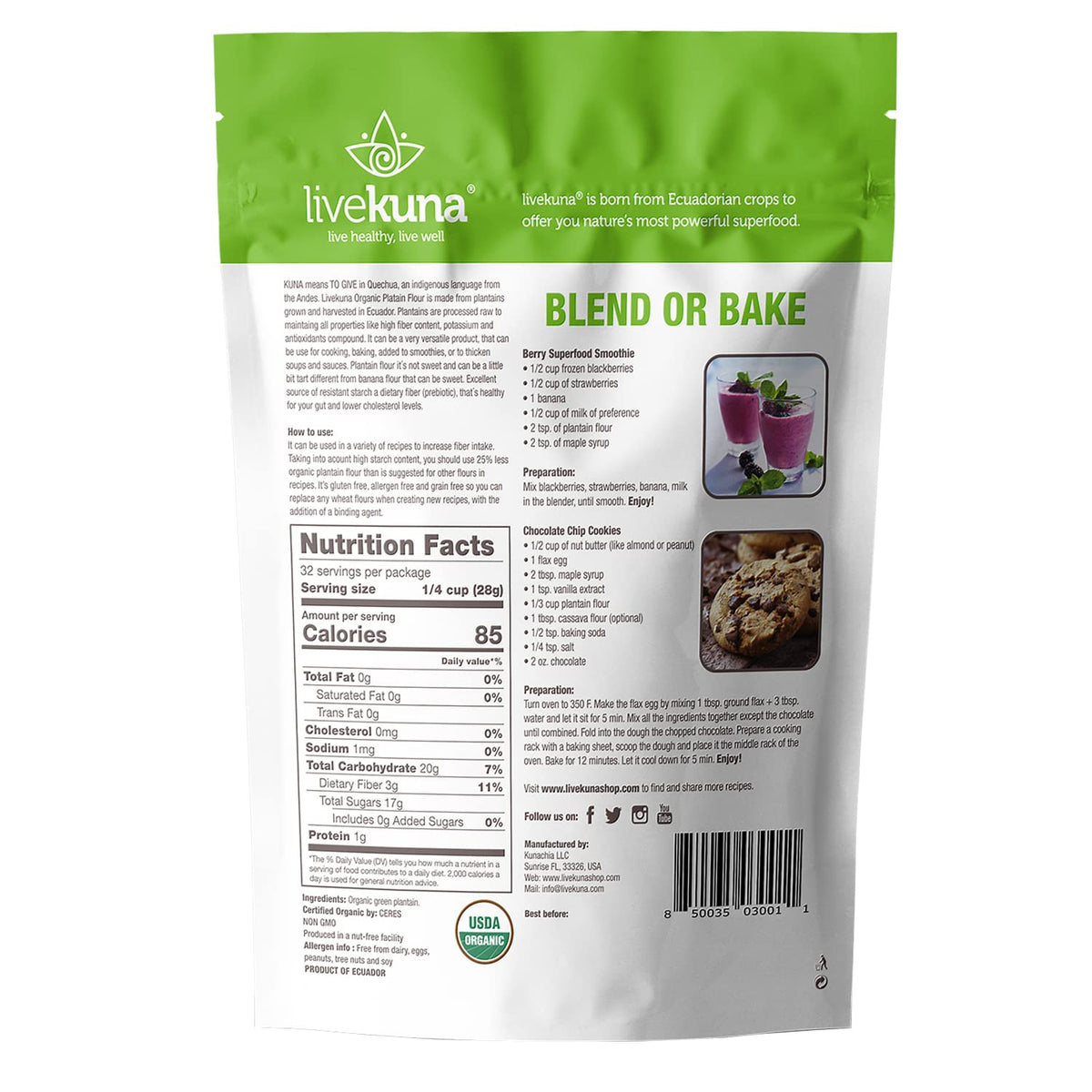 LiveKuna Organic Plantain Flour - Gluten Free All Purpose Flour Alternative For Baking & Cooking Recipes - Grain Free Vegan Plan