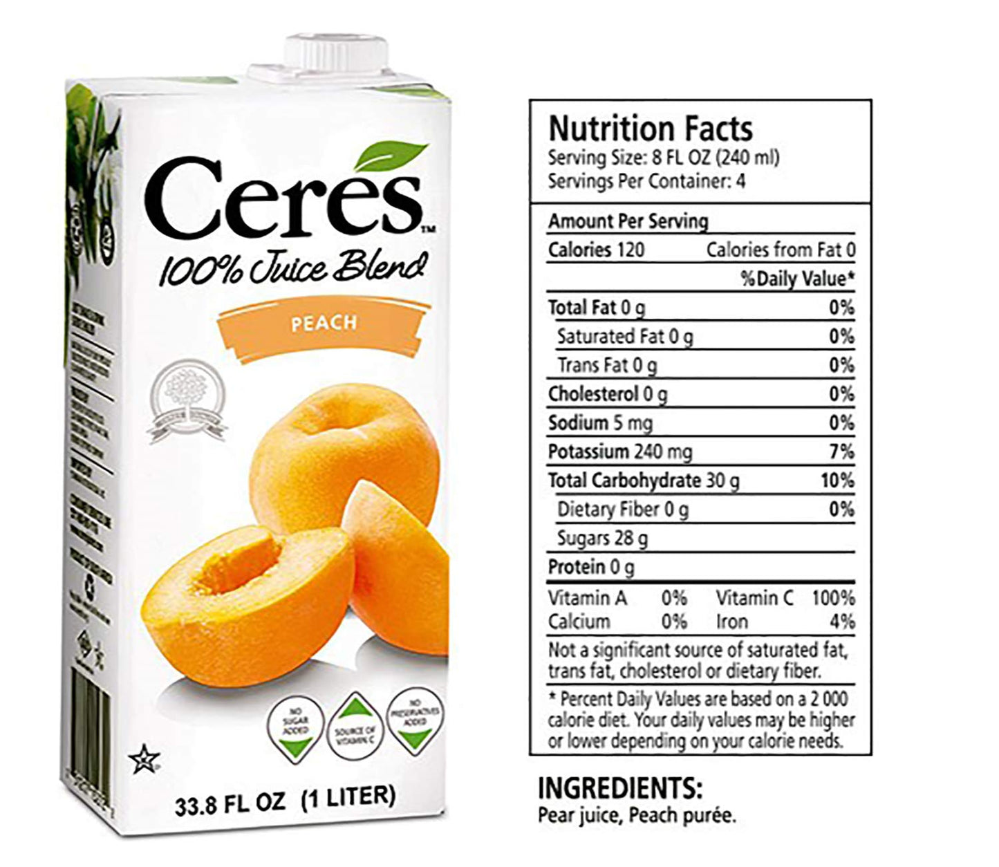 Ceres 100% All Natural Pure Fruit Juice Blend, Peach - Gluten Free, Rich In Vitamin C, No Added Sugar Or Preservatives, Cholesterol Free - 33.8 Fl Oz (Pack Of 1)