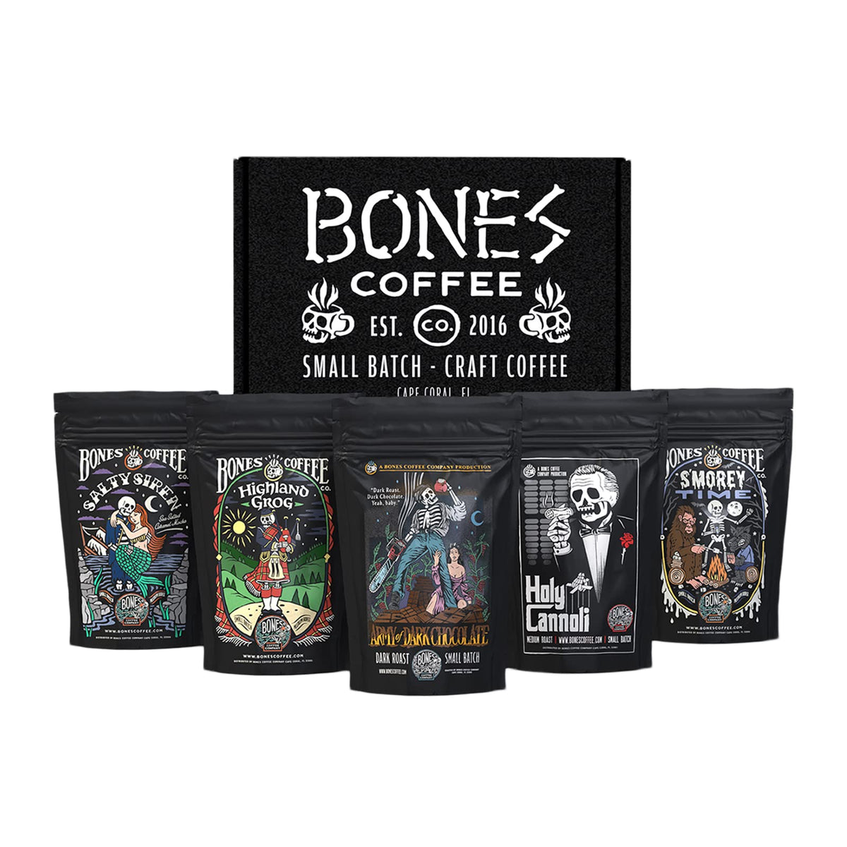 Bones Coffee Company Flavored Coffee Sample Pack, Medium Roast, 4 oz (Pack of 5), Auto Drip & French Press Compatible