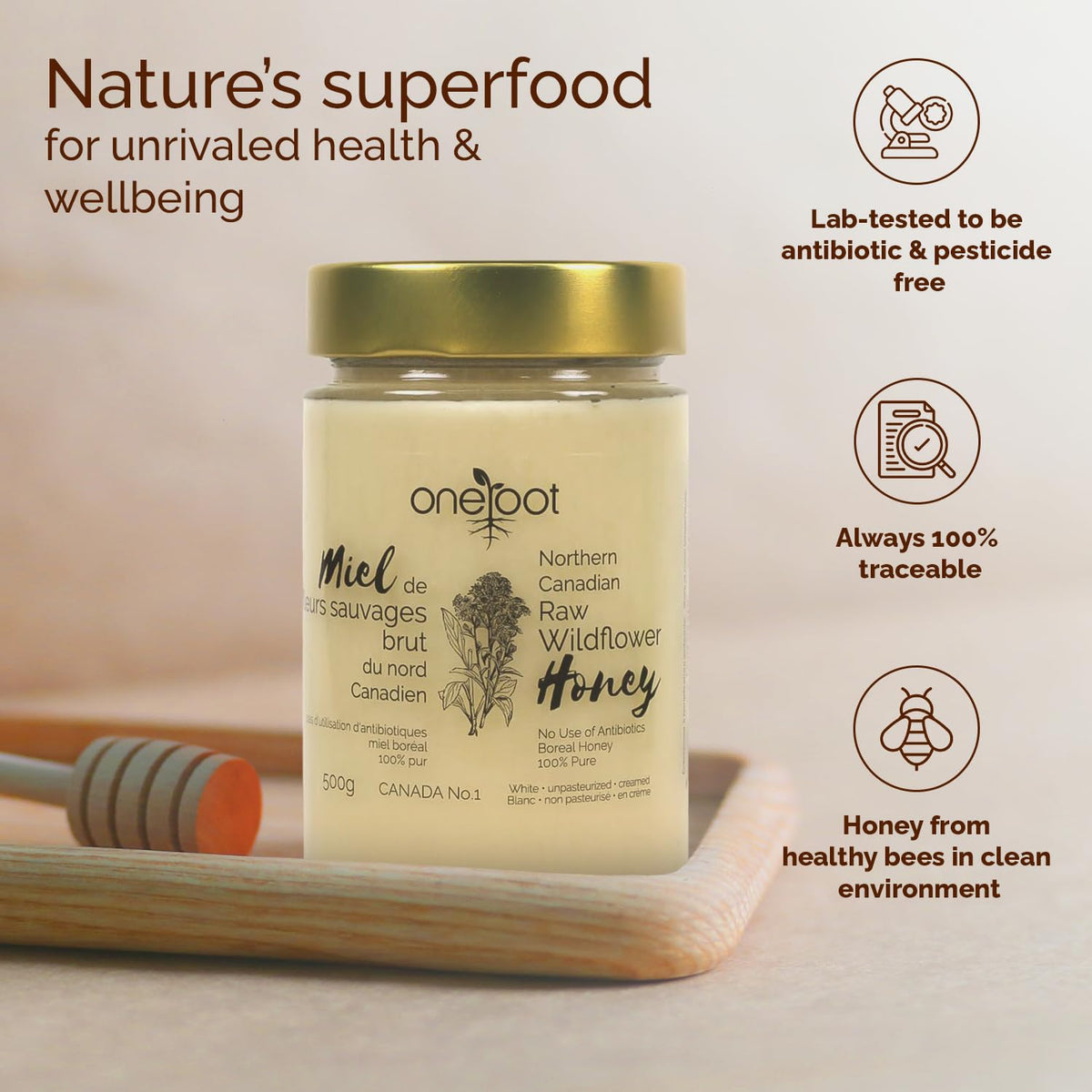 Oneroot 100% Canadian Flower Honey - 17.6 Oz/1.1 Lbs, Honey Wildflower Unfiltered, Unheated & Creamed, Nutrient Rich Raw Wildflo