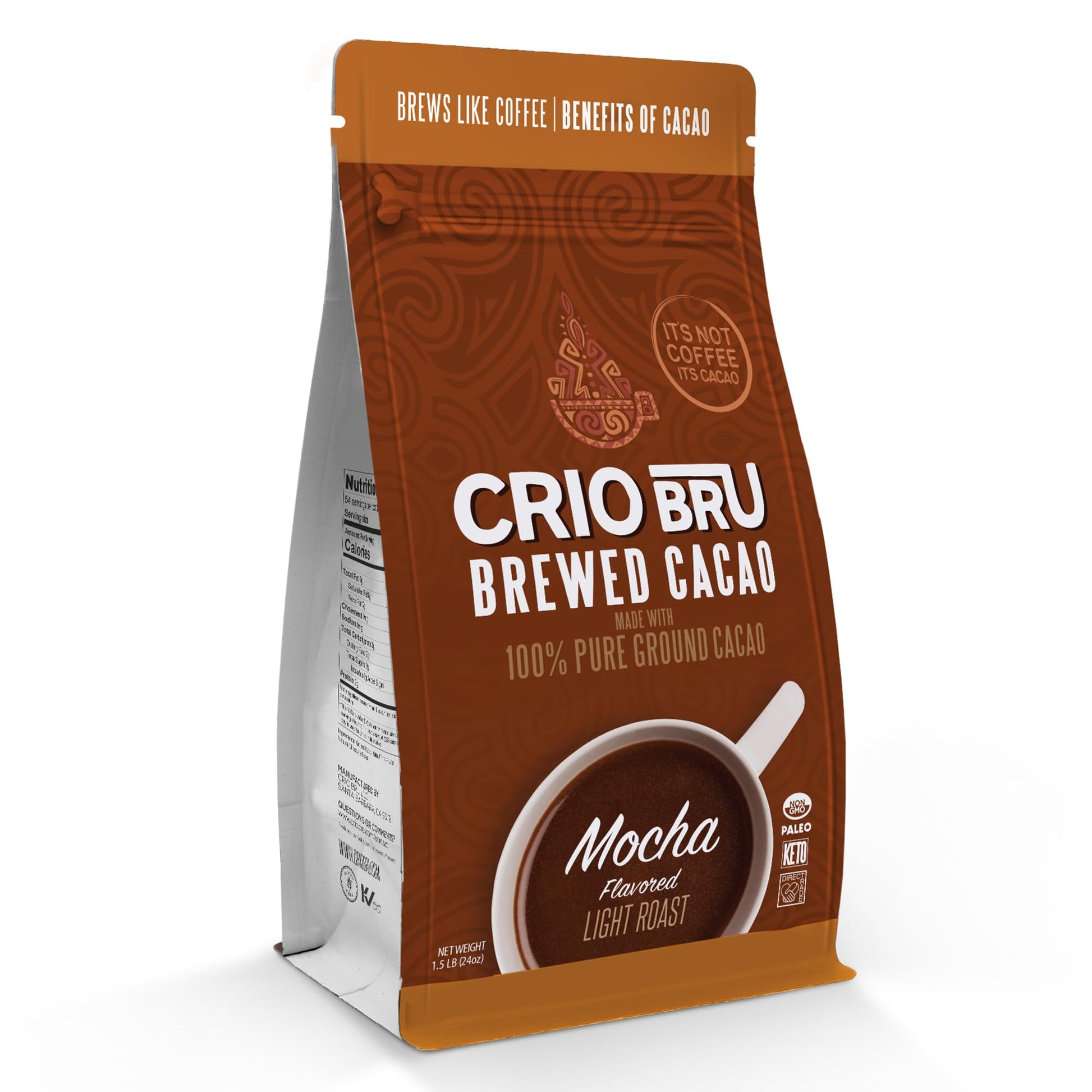 Crio Bru Brewed Cacao Mocha Flavored Coffee Alternative, 1.5 Pound, 100% Pure Ground Cacao Beans, Caffeine Free, Keto Friendly