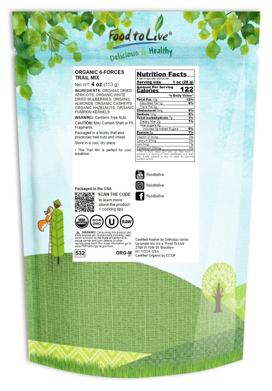 Food to Live Organic 6-Forces Trail Mix, 4 Ounces - Raw, Non-GMO, Mulberries, Cashews, Pumpkin Seeds, Apricots, Hazelnuts, Almon