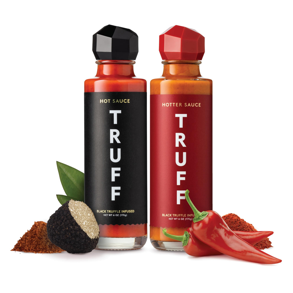 Truff Hot Sauce And Hotter Sauce 2-Pack Bundle, Gourmet Hot Sauce Set, Black Truffle And Chili Peppers, Gift Idea For The Hot Sauce Fans (Black/Red, 6 Oz, 2 Count)