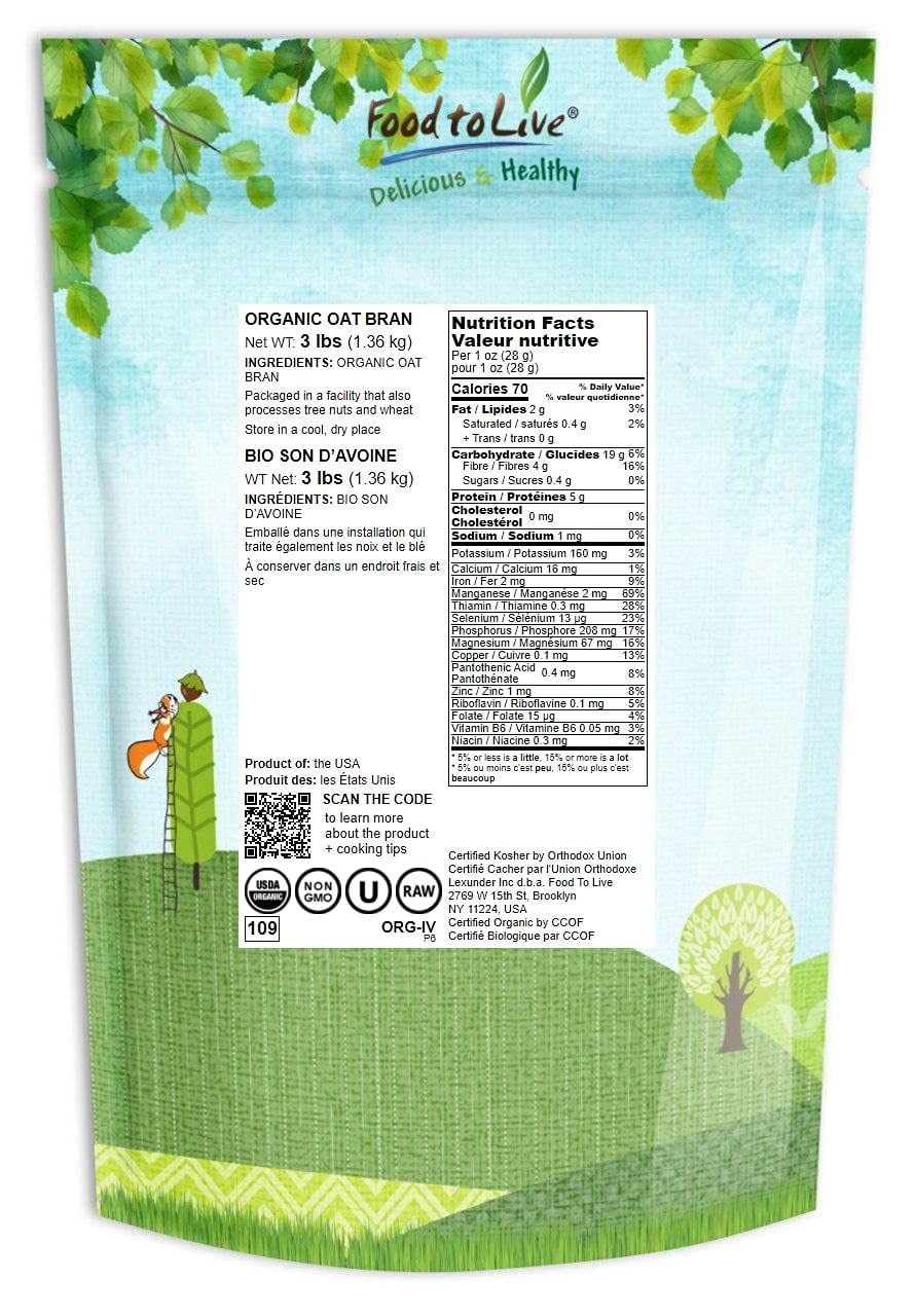 Food To Live Organic Oat Bran, 3 Pounds Non-Gmo, Kosher, Vegan, Bulk, High Fiber Hot Cereal, Milled From High Protein Oats