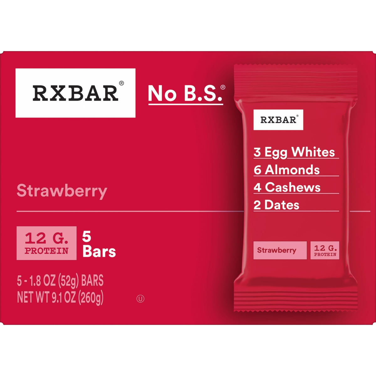 RXBAR Protein Bars, 12g Protein, Gluten Free Snacks, Strawberry, 9.1oz Box (5 Bars)