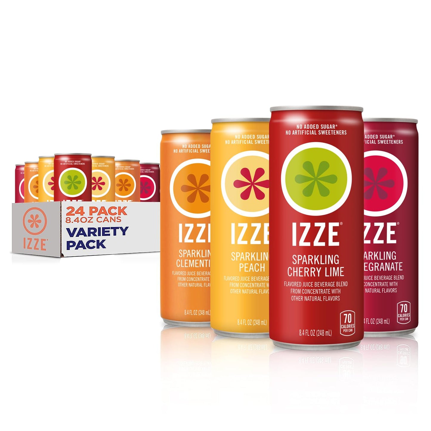 IZZE Sparkling Juice Beverage Blend, Sunset Variety Pack, Clementine, Peach, Cherry Lime, Pomegranate, No Sugar Added, 8.4 FL OZ