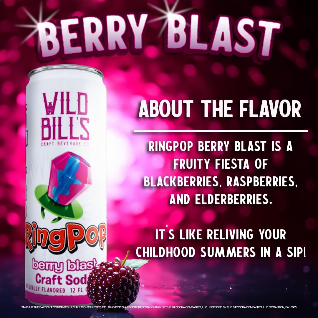 Wild Bills Craft Soda Variety Pack - Watermelon, Strawberry, Berry Blast, Blue Raspberry - 12 Oz Cans - 12 Pack - Vegan, Gluten Free