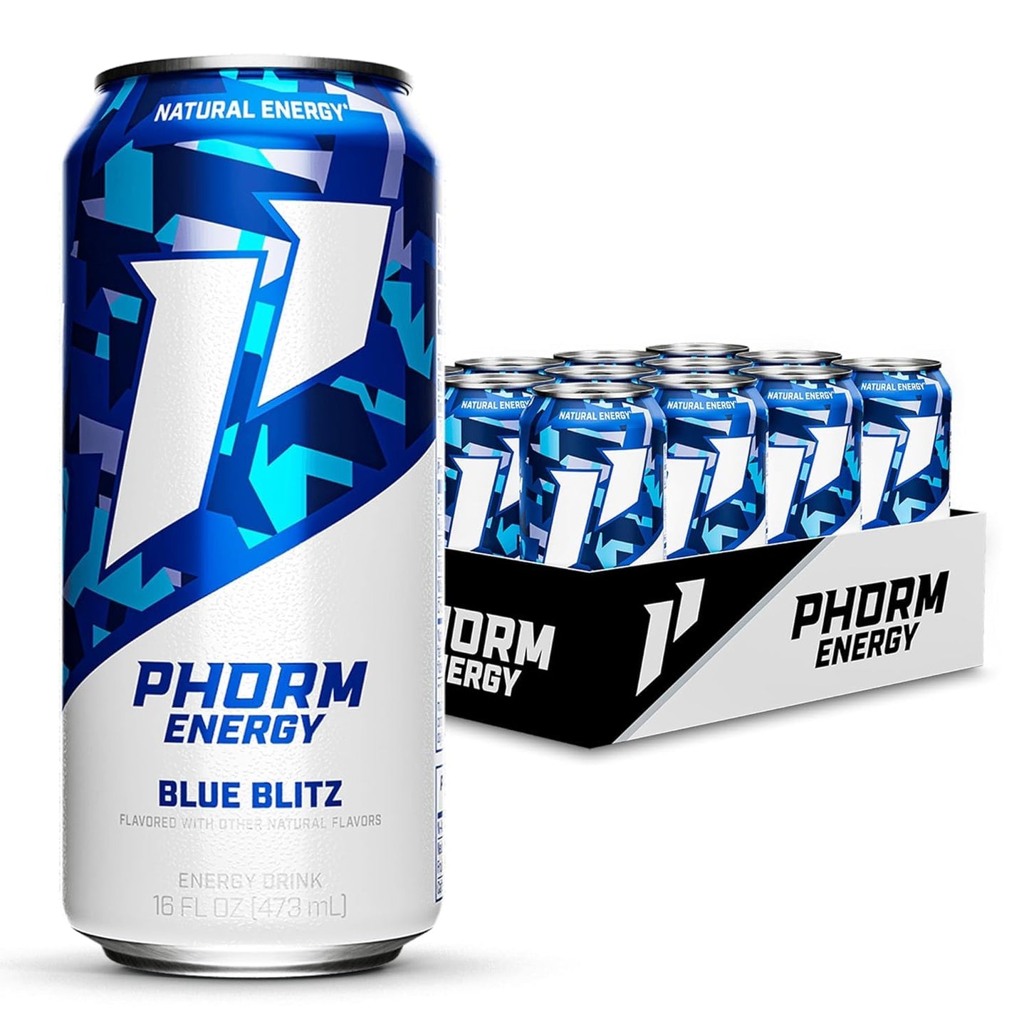 Phorm Energy Drink  Blue Blitz Flavor  200 MG Natural Caffeine From Green Tea  Sugar Free Carbonated Drink With Electrolytes & Vitamin B12  Dairy & Gluten Free  Vegan  16 FL Oz Cans  12 Pack