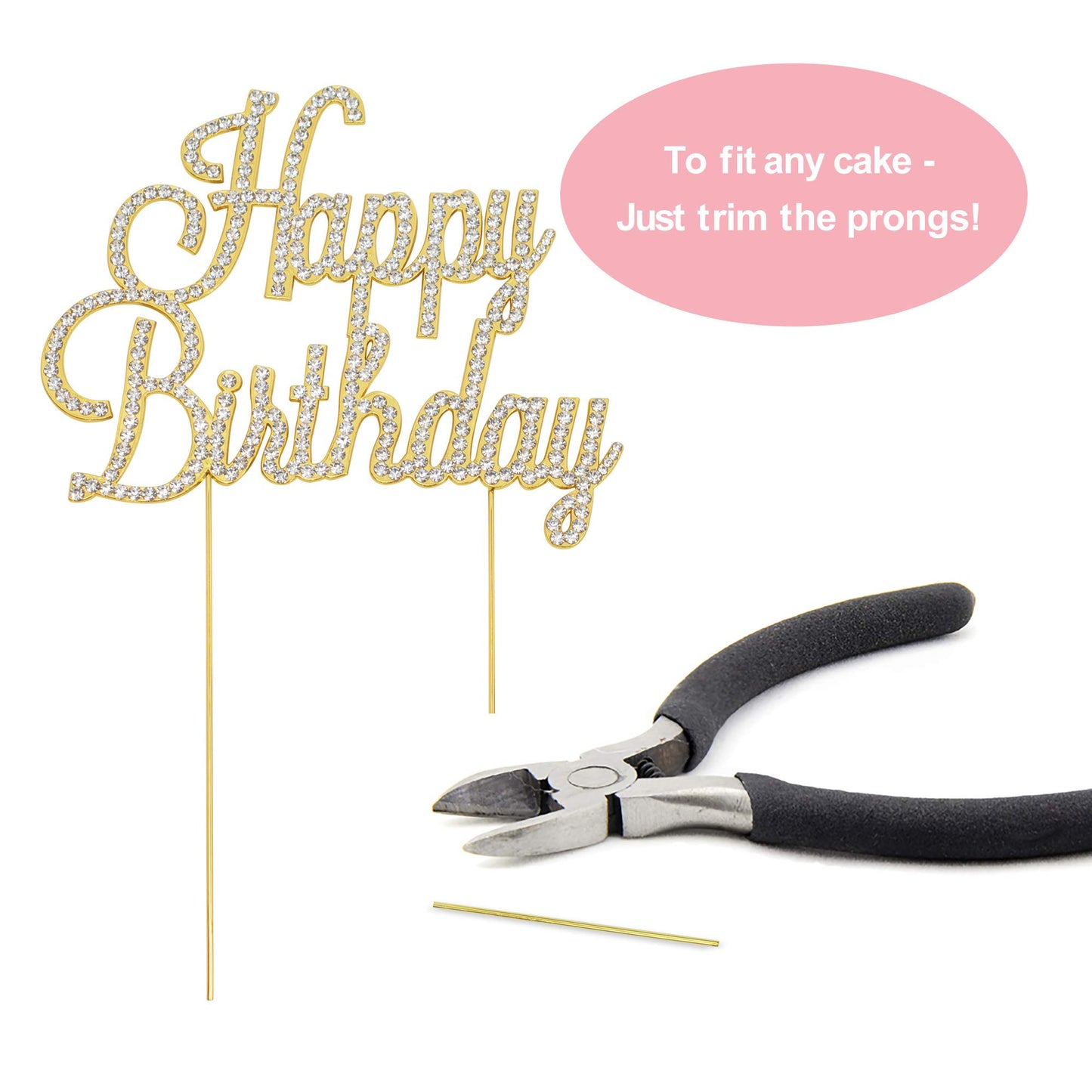 Crystal Creations Happy Birthday Cake Topper - Premium Gold Metal with Rhinestones - 1 Count
