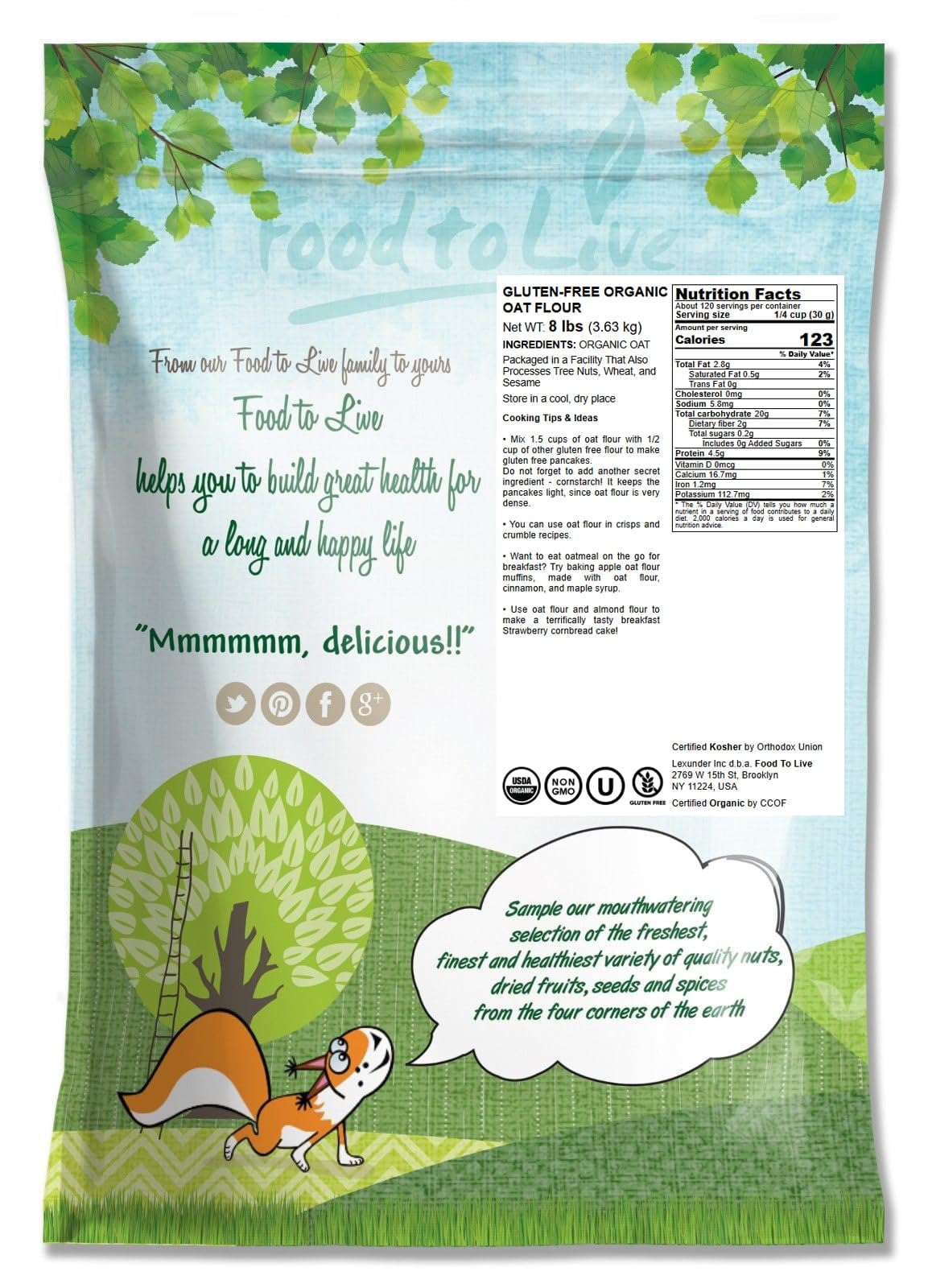 Food to Live Oat Flour, Gluten-Free Organic, Stone Ground, 8 Pounds