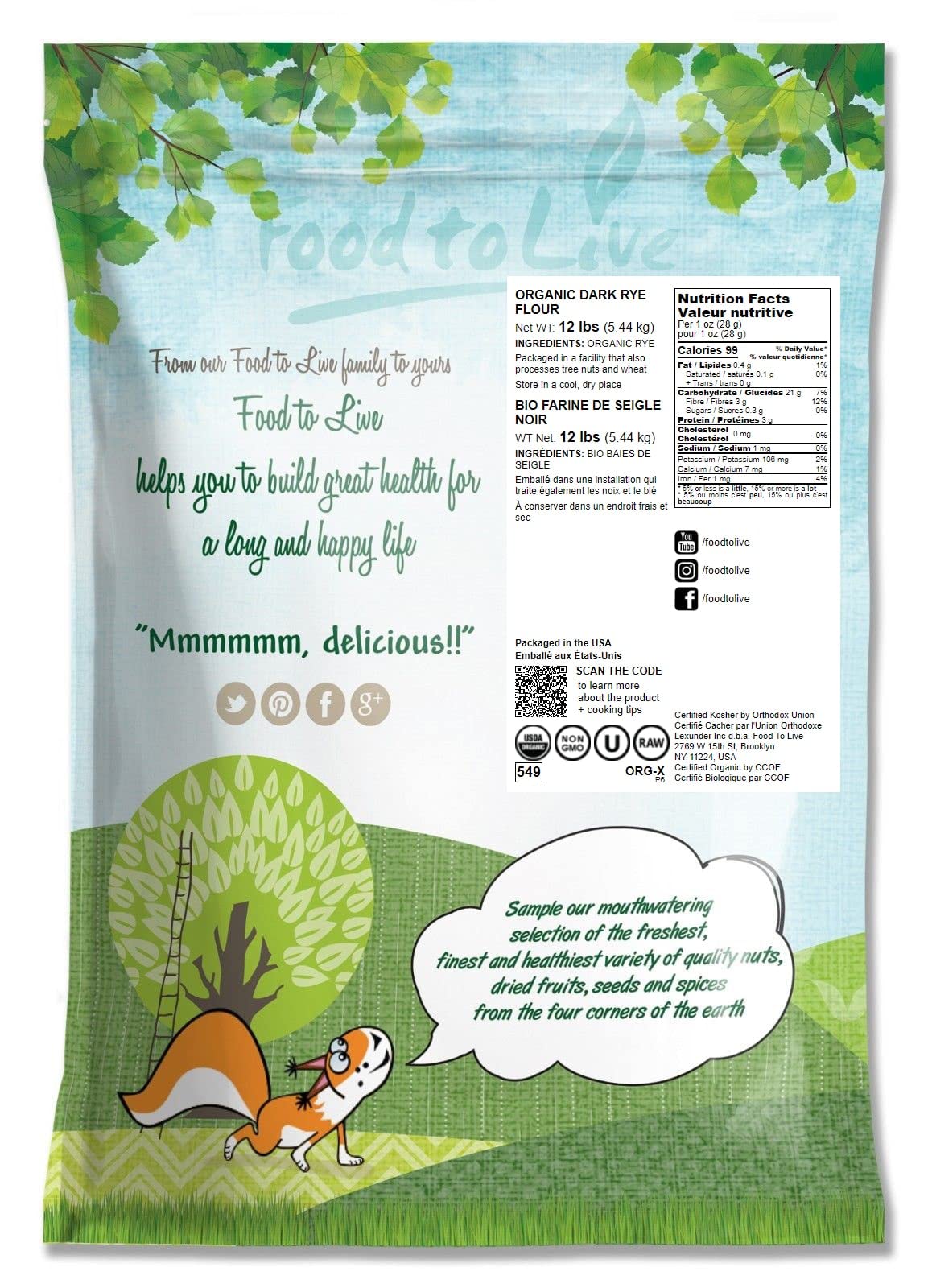 Food To Live Organic Dark Rye Flour, 12 Pounds - Whole Grain, Non-Gmo, Stone Ground, Kosher, Raw, Vegan, Bulk, Great For Baking