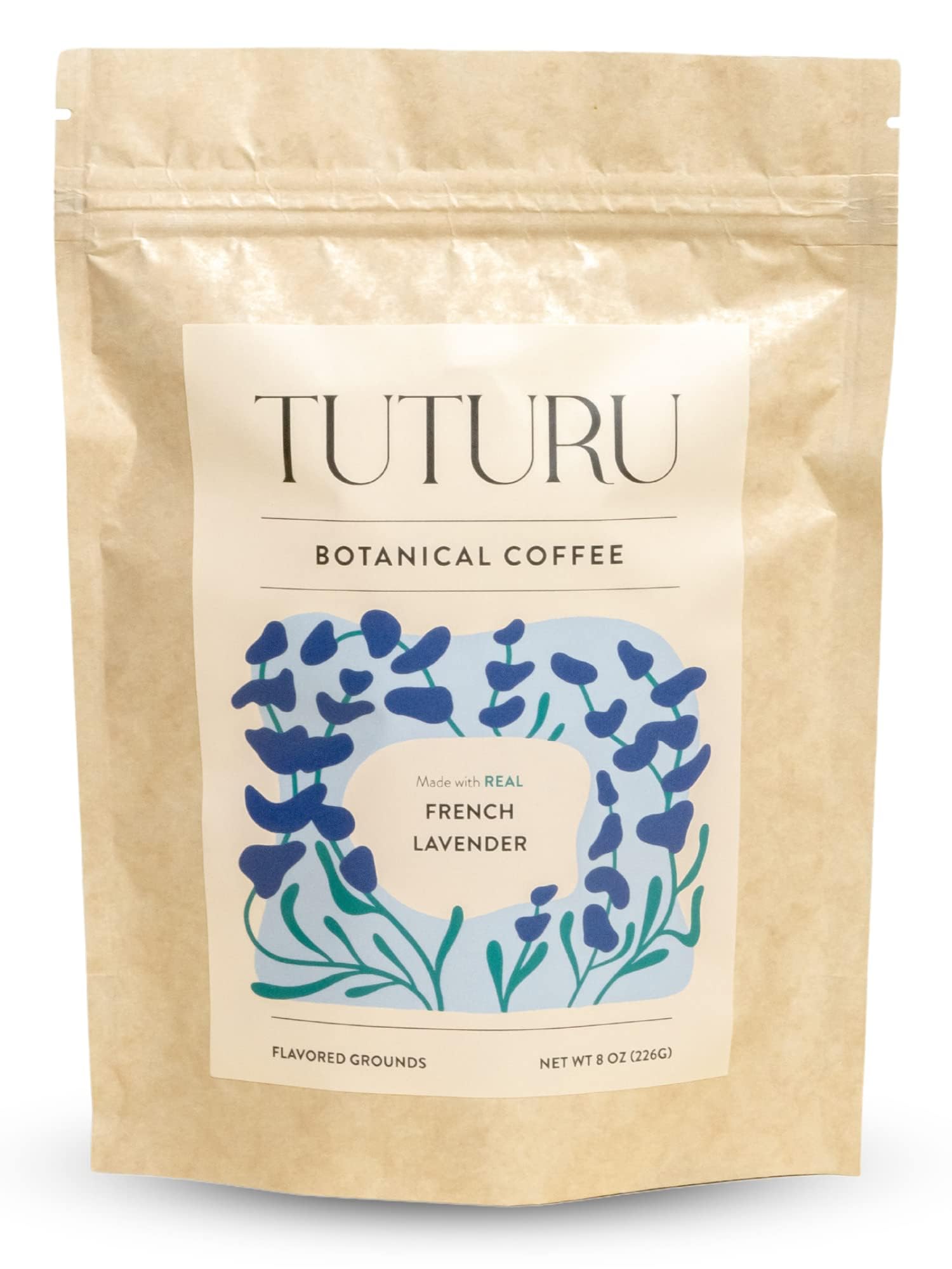 TUTURU Botanical Coffee Organic Lavender Ground Coffee, Medium Roast, Low-Acid, 8 oz, 22 Servings