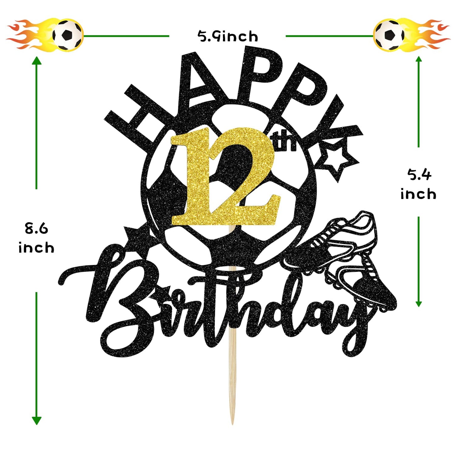 Aeryourtar Glitter Soccer Cake Topper for 12th Birthday, Paper Decoration, Football Theme, Perfect for Boys and Girls