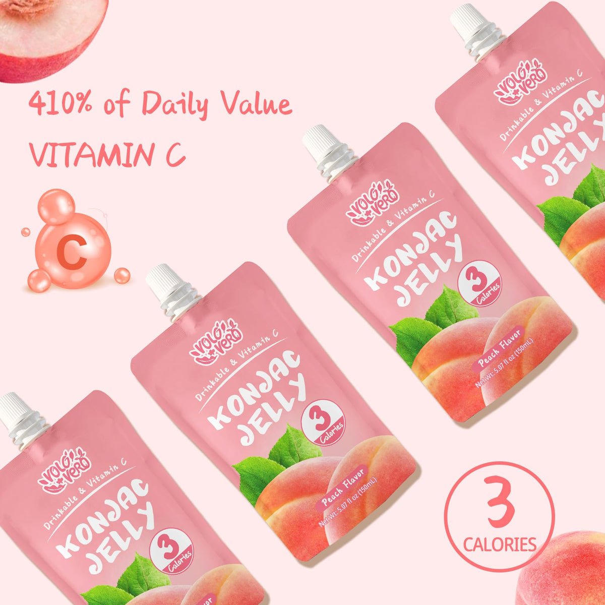 VOLO VERO Konjac Jelly Squeeze Pouch Peach Flavor, Low Calories (3 Kcal), 10 Packs, Gluten Free & Vegan, 0 Sugar, Keto, Low Carb