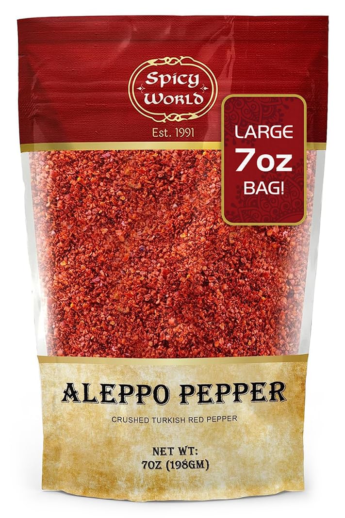 Spicy World Aleppo Pepper Flakes 7 Oz | Authentic Turkish Chili Spice For Exquisite Heat & Flavor | Premium Crushed Chili Pepper From Halaby Region | Popular In Turkish & Middle Eastern Cooking