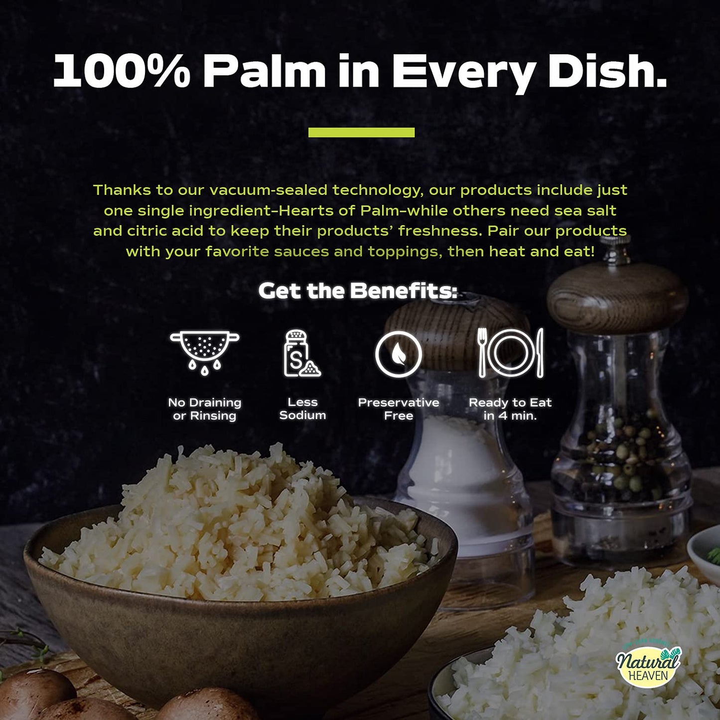 Natural Heaven Hearts Of Palm Rice, White - Low-Carb And Low-Calorie White Rice, Keto, Paleo, Plant-Based Healthy Food, Ready To
