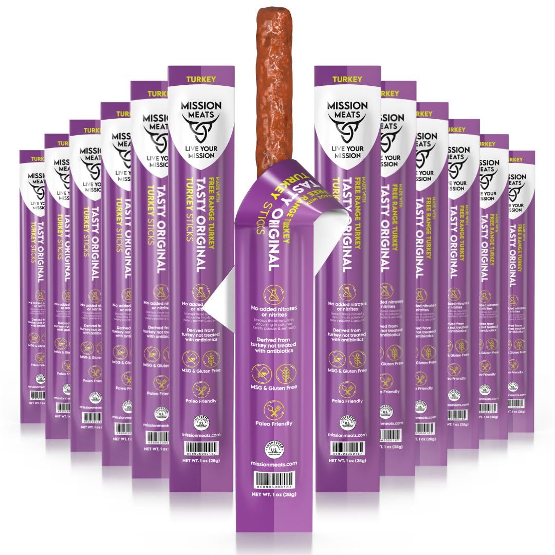 Mission Meats Turkey Sticks - Free Range, Gluten Free, Whole 30, Paleo, Keto Meat Sticks, Sugar Free Jerky Turkey Sticks Individ