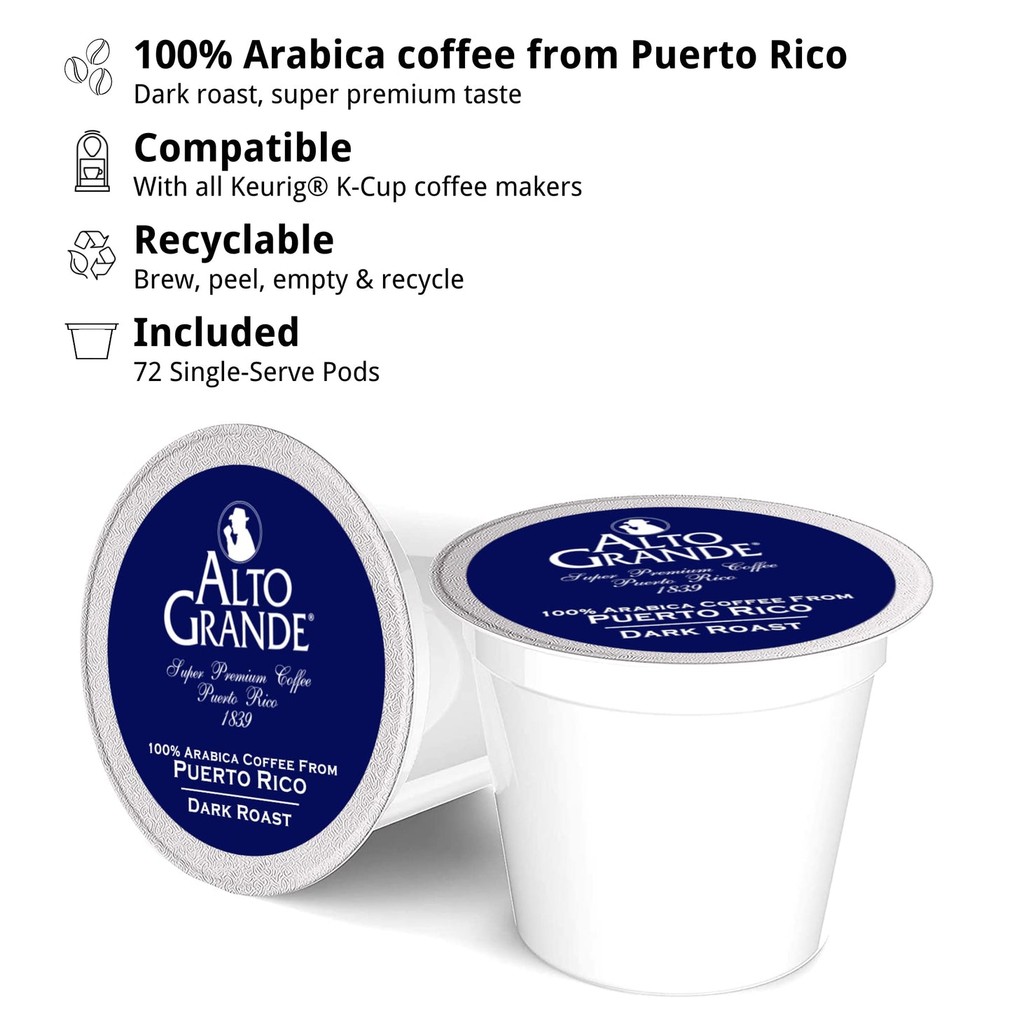 Alto Grande Ground Dark Roast Coffee Pods, Compatible with Keurig K Cup malt-inspired, 72 Count, Single-Serve
