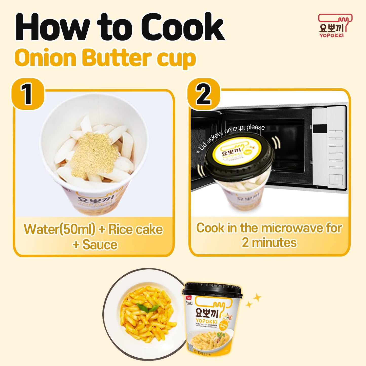 Yopokki Instant Tteokbokki Cup (Onion Butter, Cup of 2) Korean Street food with Onion Butter flavored sauce Topokki Rice Cake -
