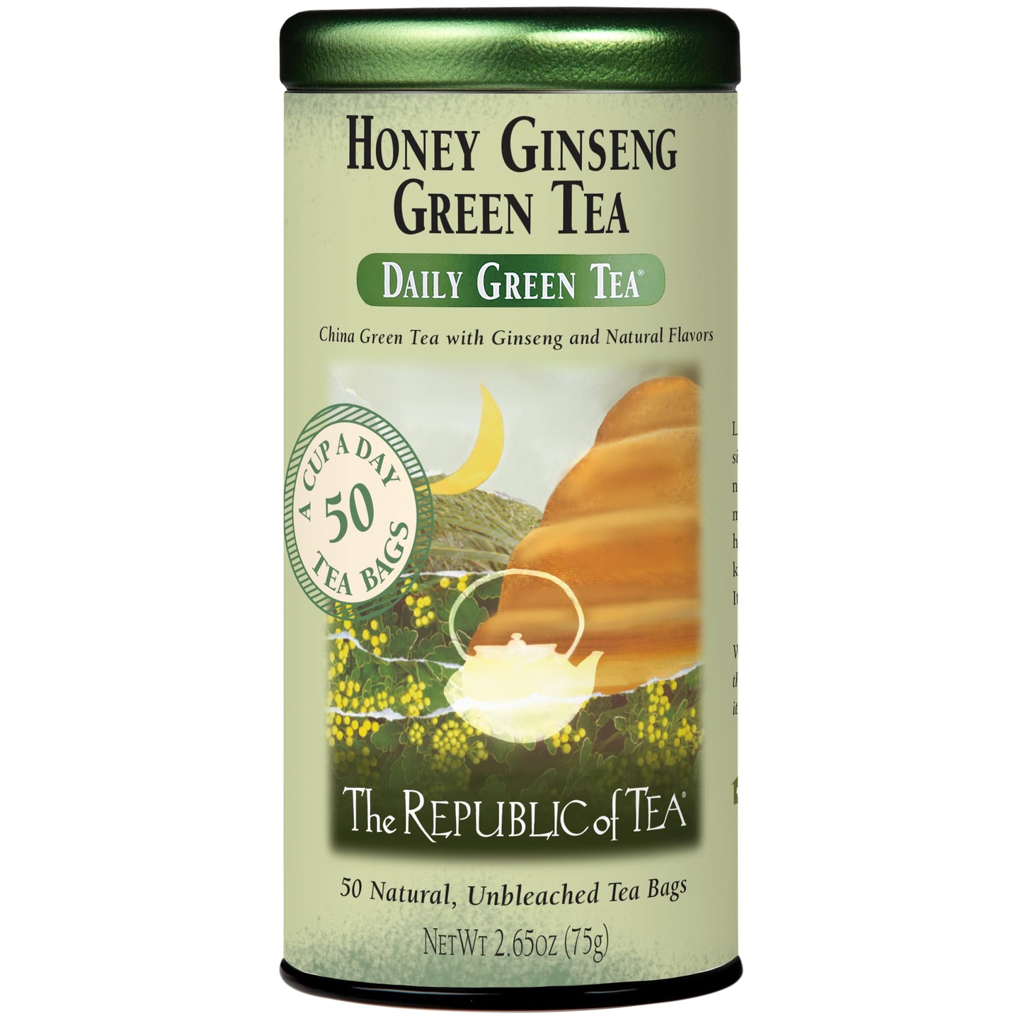The Republic of Tea Honey Ginseng Green Tea, 50 Tea Bags, Flavored Gourmet, Caffeinated, Pack of 1