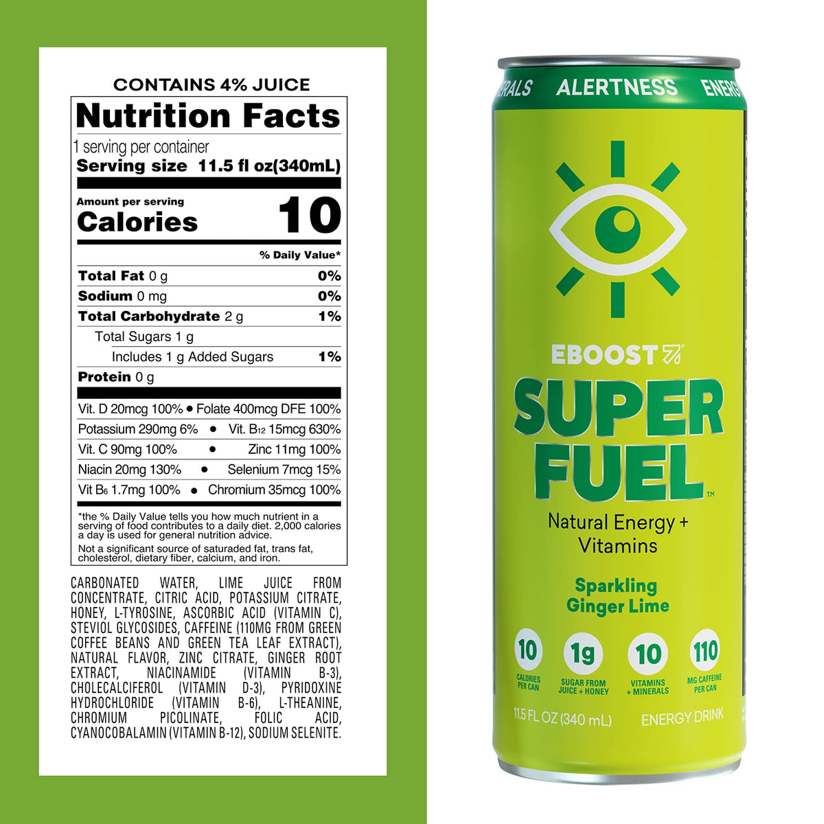 Eboost Super Fuel Healthy Energy Drink - Caffeine From Natural & Clean Ingredients For Focus And Productivity -Taurine Free Pre-Workout With Electrolytes, Nootropic & Vitamins - Ginger Lime, 12 Pack