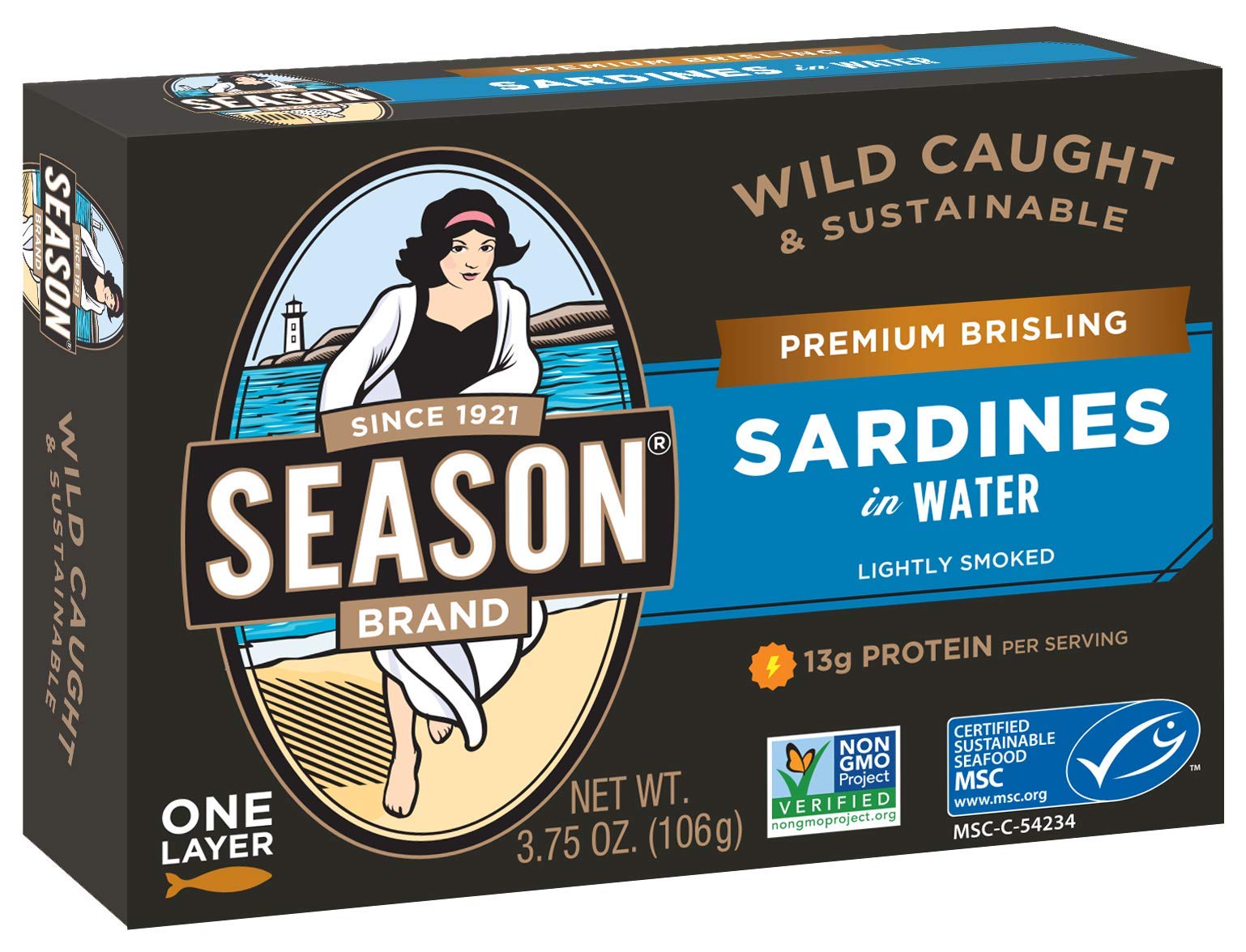 SEASON Sardines in Water, Wild Caught, 13g Protein, Keto Snacks, 3.75 Oz Tins, 6-Pack