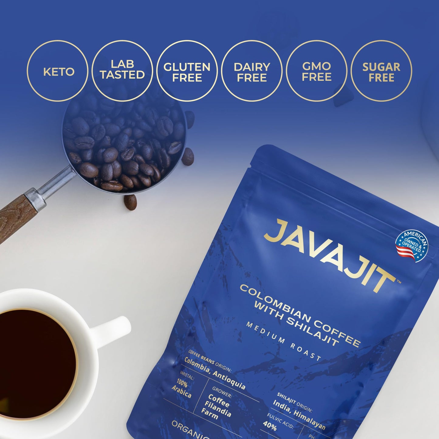 Javajit Shilajit Infused Organic Coffee - Colombian Medium Roast, 12 oz, Brown, 250mg Shilajit per Serving, 16 Servings