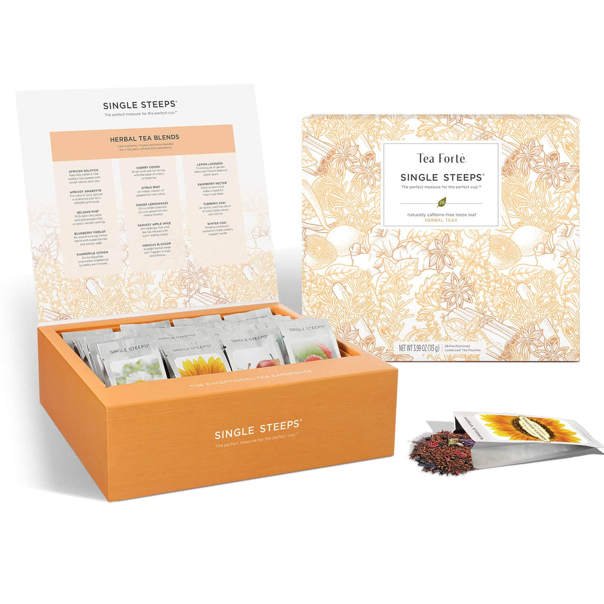 Tea Forte Single Steeps Loose Leaf Herbal Tea Sampler, Assorted Variety Tea Chest Box, Single Serve Pouches, 28 Count (Pack Of 1