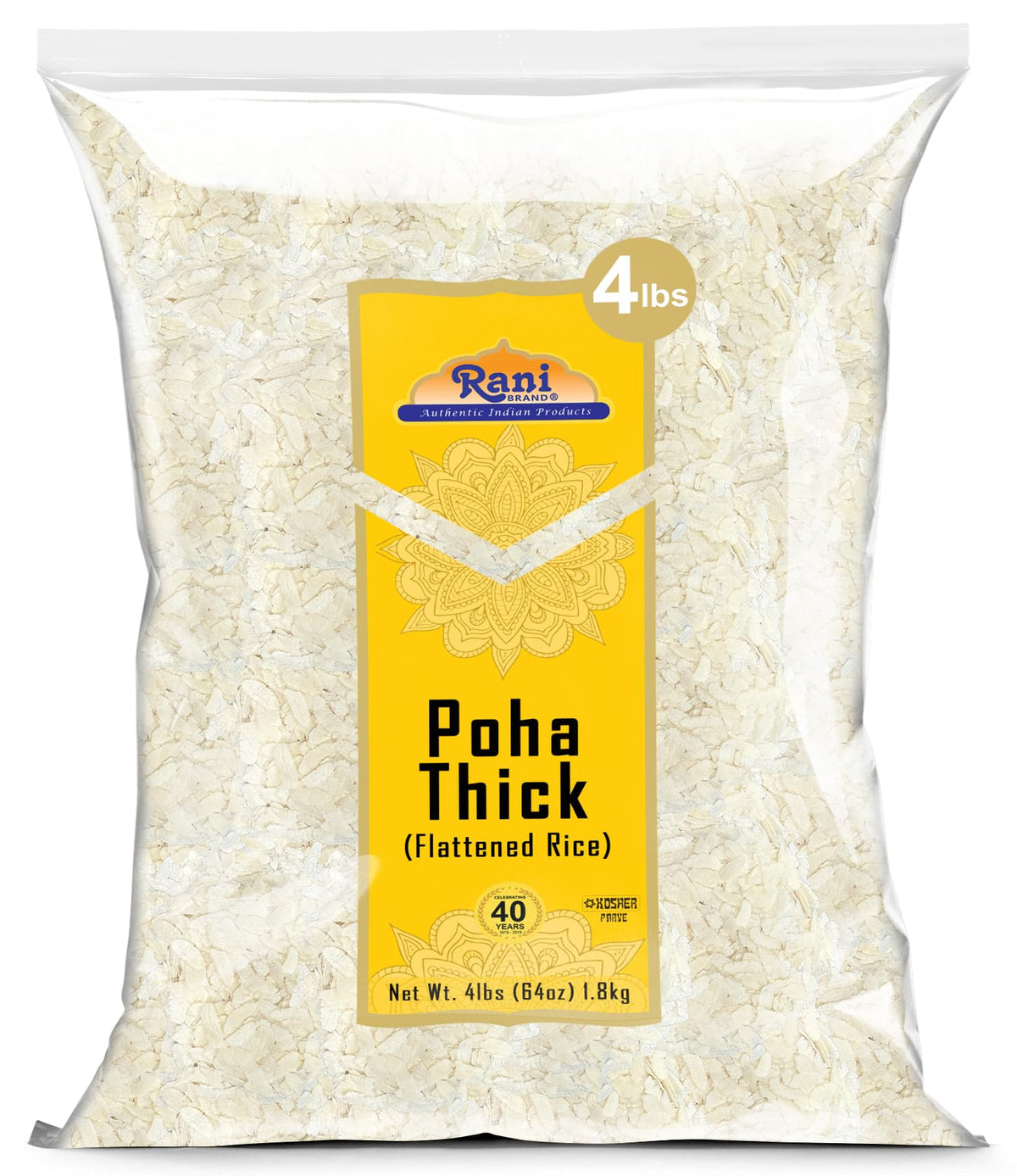 Rani Poha (Powa) Thick Medium-Cut (Flattened Rice) 64Oz (4Lbs) 1.81Kg ~ All Natural, Salt-Free | Vegan | Kosher | No Colors | Gluten Friendly | Indian Origin